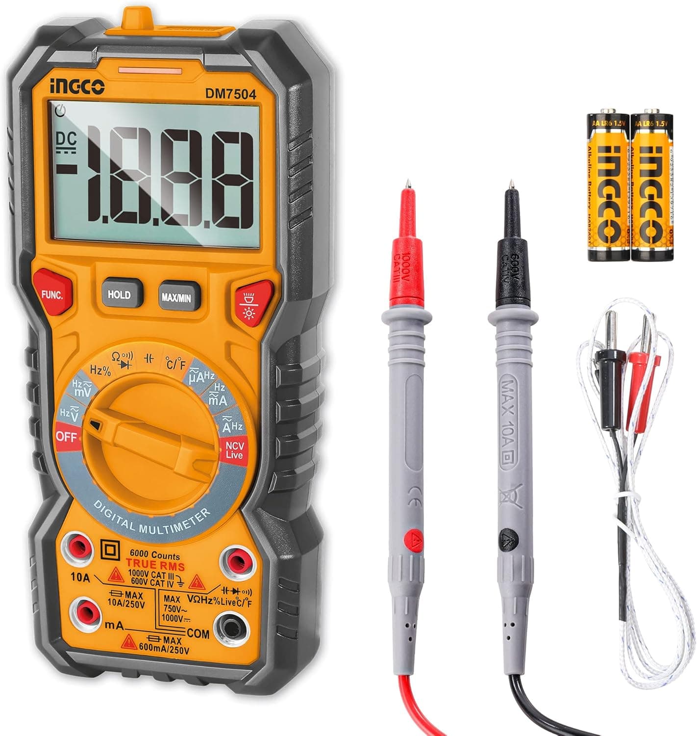 INGCO Tester Digital Multimeter TRMS 6000 Counts with Double Fuse Voltmeter Measures AC/DC Voltage AC/DC Current Resistance Capacitance Frequency Diode Test Continuity Test Temperature DM7504