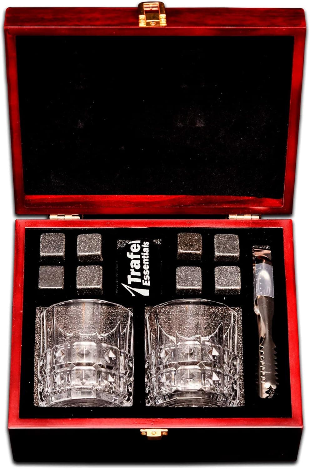 Whiskey Stones Gift Set with 8 chill stones 2 whiskey glasses, metal tong and velvet bag, in an elegantly polished wooden box