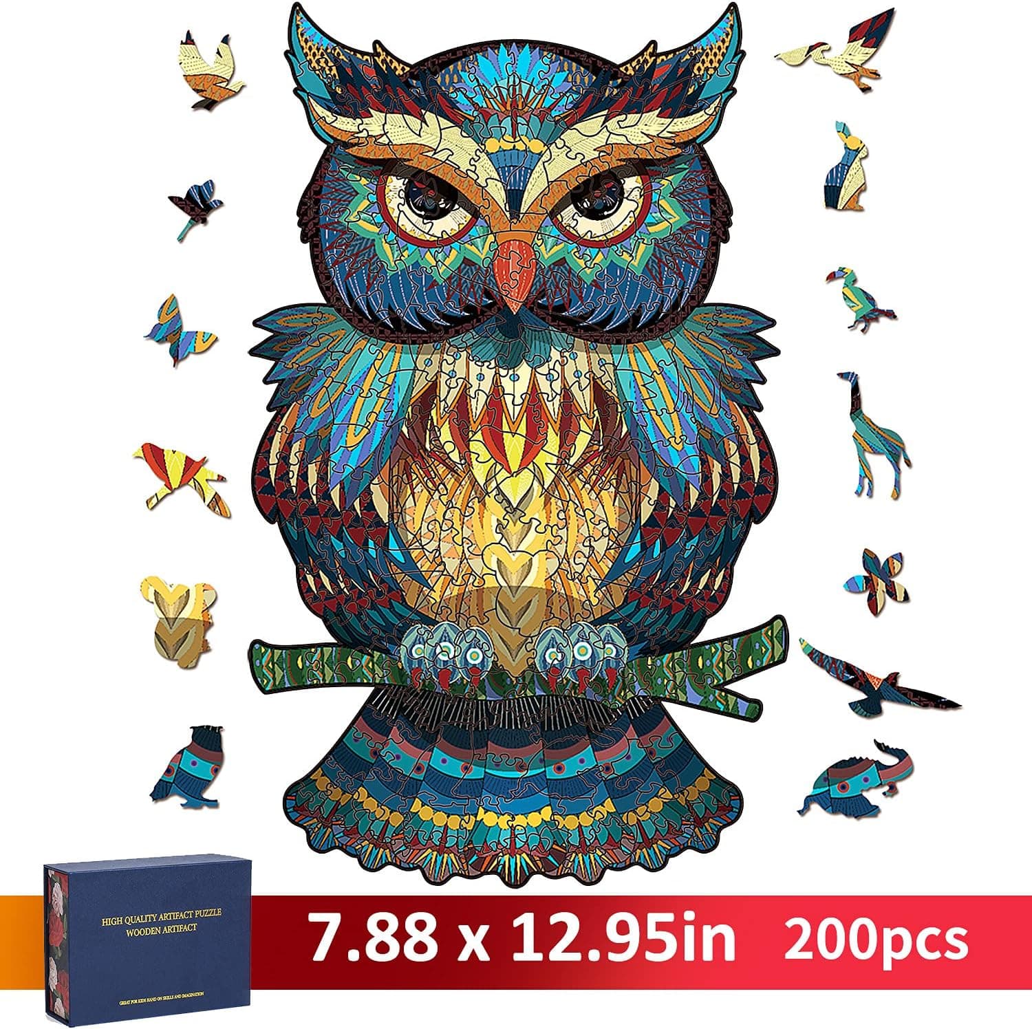 Wooden Puzzles for Adults, CGELETS 200 Pieces Unique Animal Shaped Wooden Jigsaw Puzzles, Challenging Family Activity Gift for Adults and Kids, Ideal Home Decor (Owl，7.9'' x 13'')