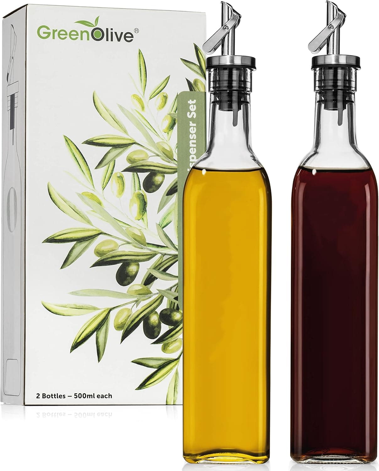 GREENOLIVE Oil and Vinegar Dispenser Set - Olive Oil Bottles For Kitchen - Glass Cruet Set - Liquid Dispenser for Cooking Oil - 17 oz. No Drip Pour Spouts with Caps (Clear)