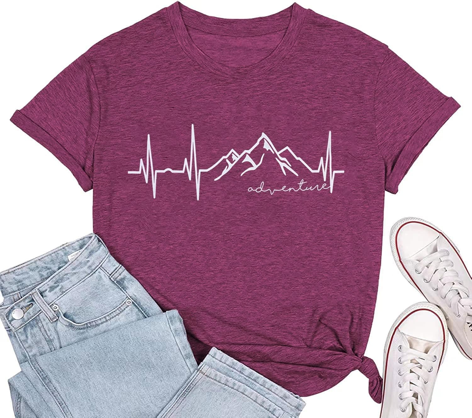 Beach Heartbeat T Shirt for Women Love Heart Graphic Tees Print Shirts Short Sleeve Casual Summer Vacation Tee Tops