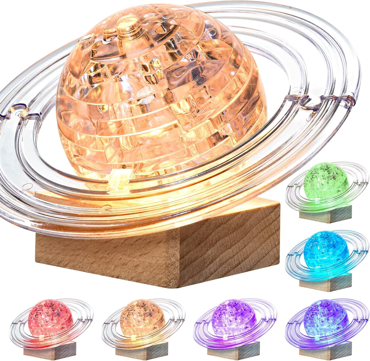 3D Crystal Puzzle, 40PCS Saturn Assembly Brain Teaser with Light-Up Wood Base, Plastic Saturn DIY Puzzle Blocks 3D Model Toy for Kid 14+ (White)