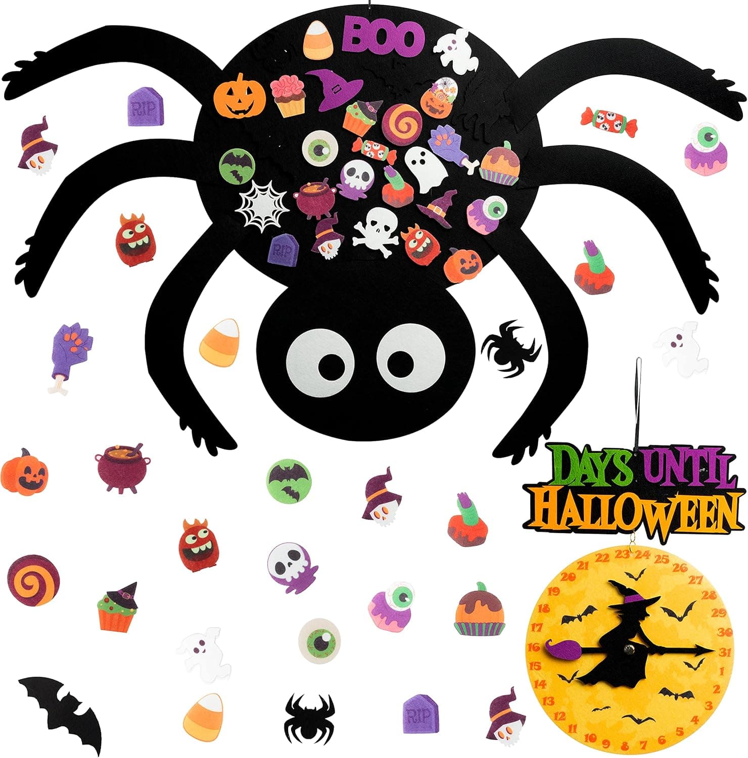TICIAGA DIY Halloween Felt Spider Craft Kit, with Witch Countdown and 30pcs Different Patterns Kawaii Felt Ornaments for Wall Door Hanging Decoration, Halloween Theme Party Supply for Kid Witch Spider