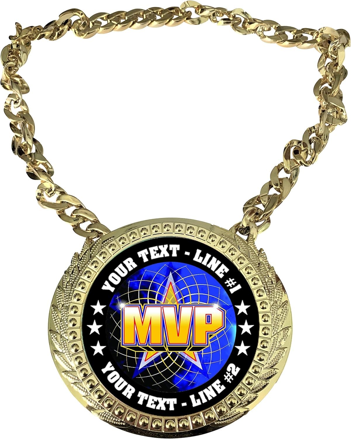 Express Medals Custom MVP Most Valuable Player Champ Chain Trophy with 2 Lines of Personalized Text on a Large Rigid Plastic Award Medal and 34 Inch Long Gold Color Neck Chain. FCL518