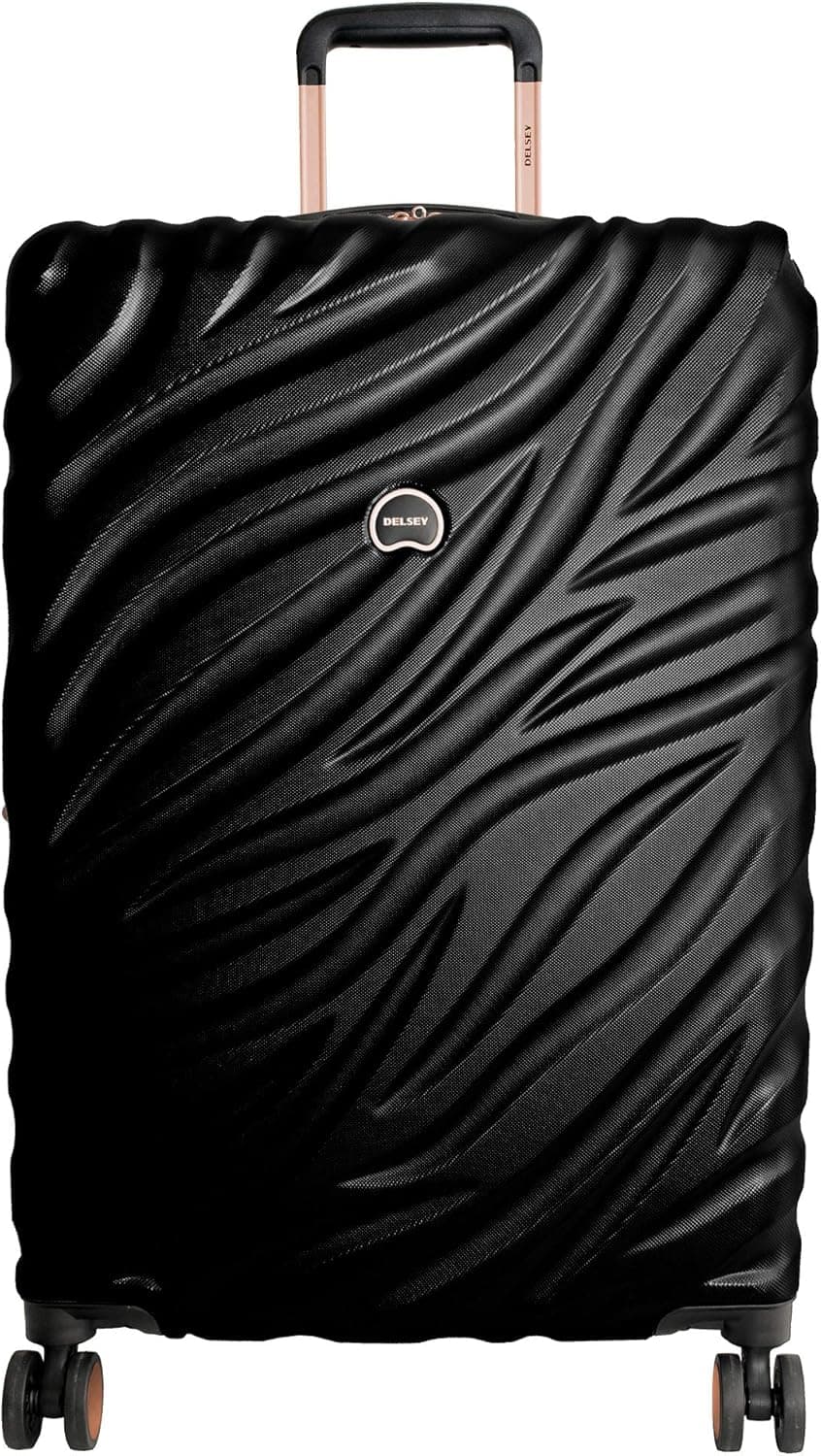 DELSEY Paris Alexis Lightweight Luggage, Medium Expandable Spinner Double Wheel Hardshell Suitcases with TSA Lock, Black/Rose Gold, Checked-Medium 25-Inch