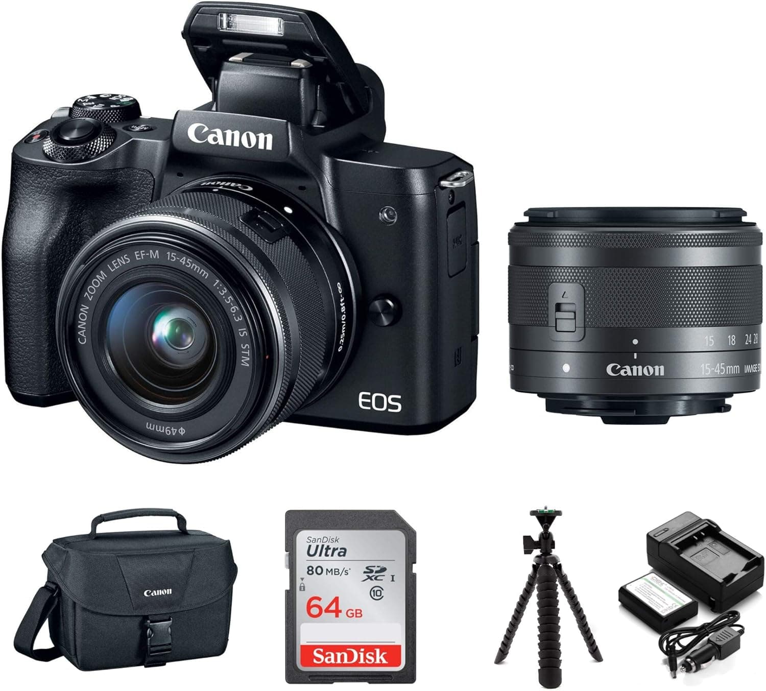 Canon EOS M50 15-45mm Mirrorless Digital Camera (Black) with Canon EOS Camera Gadget Bag, 64GB SD Card, Flexible 12" Spider Tripod, and Battery & Charger Pack Bundle (5 Items)