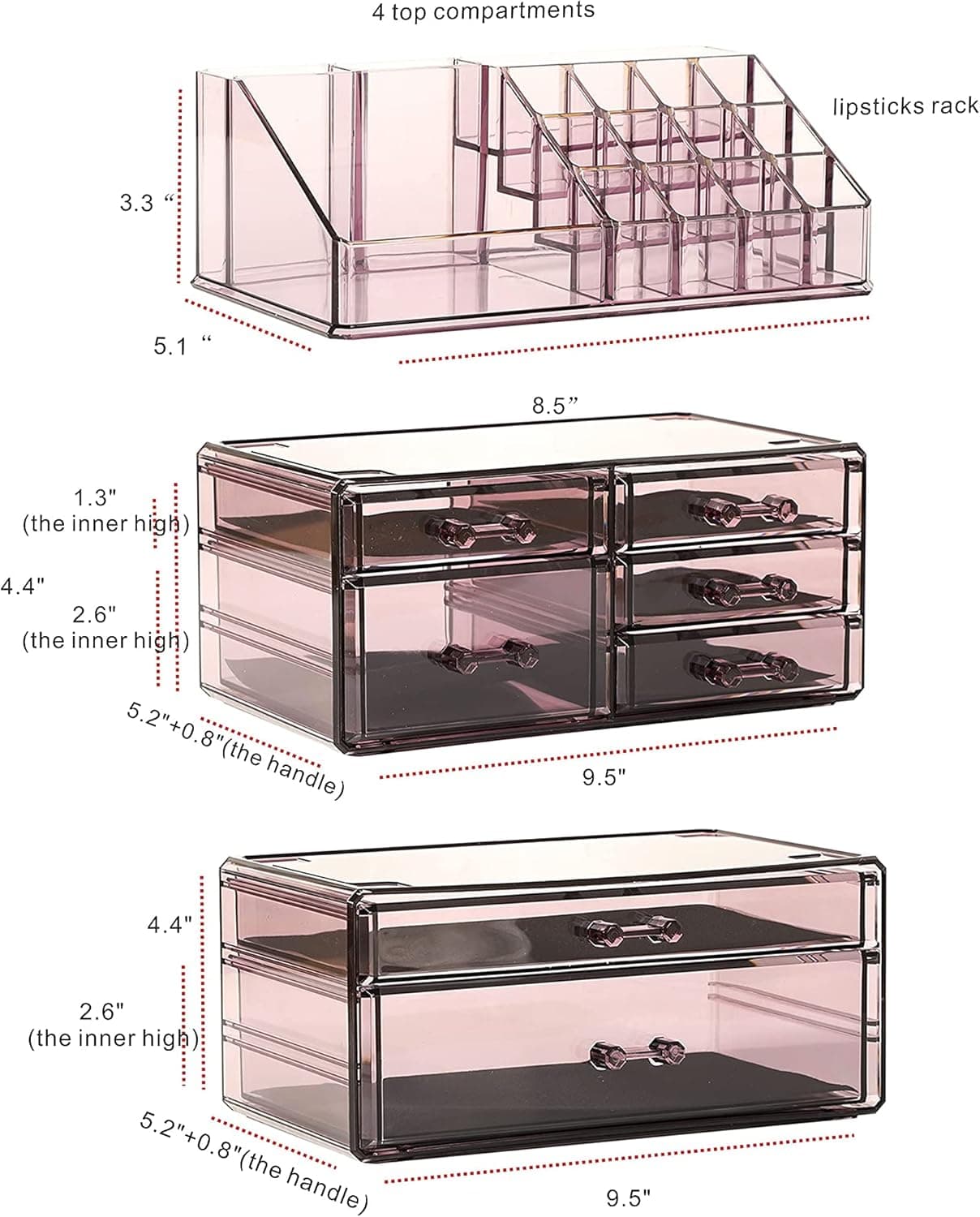 Cq acrylic Makeup Organizer Countertop Acrylic,3 Piece Stackable Design Make Up Cosmetics Storage Stand with 7 Drawers, For Cosmetics, Skincare, Vanity, Bathroom,Purple