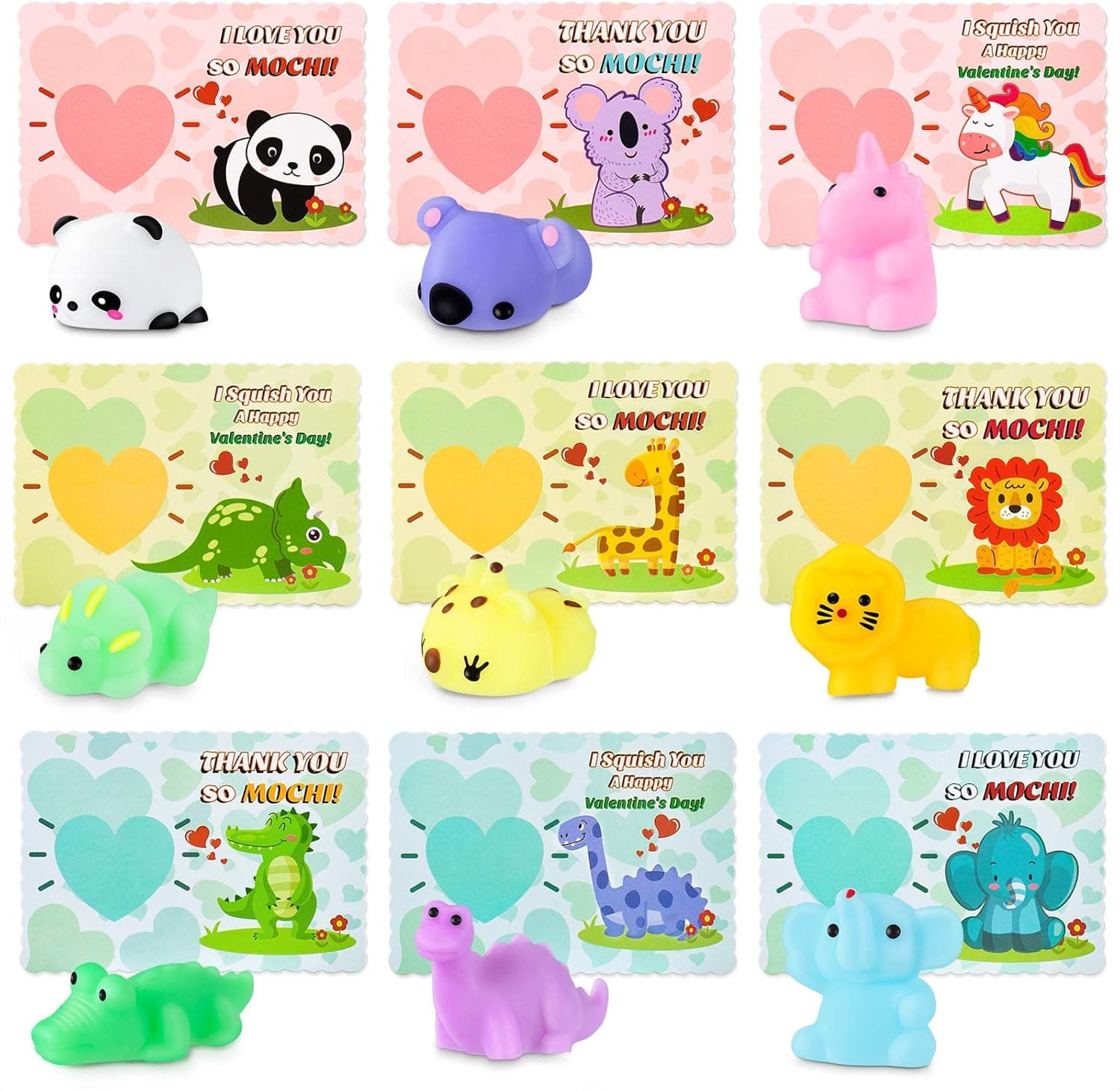 36 Pack Valentines Day Cards for Kids 36 PCS Mochi Squishy to Squeeze and 36 Pack Valentines Cards with 9 Different Design for Kids Classroom Exchange Party Favors