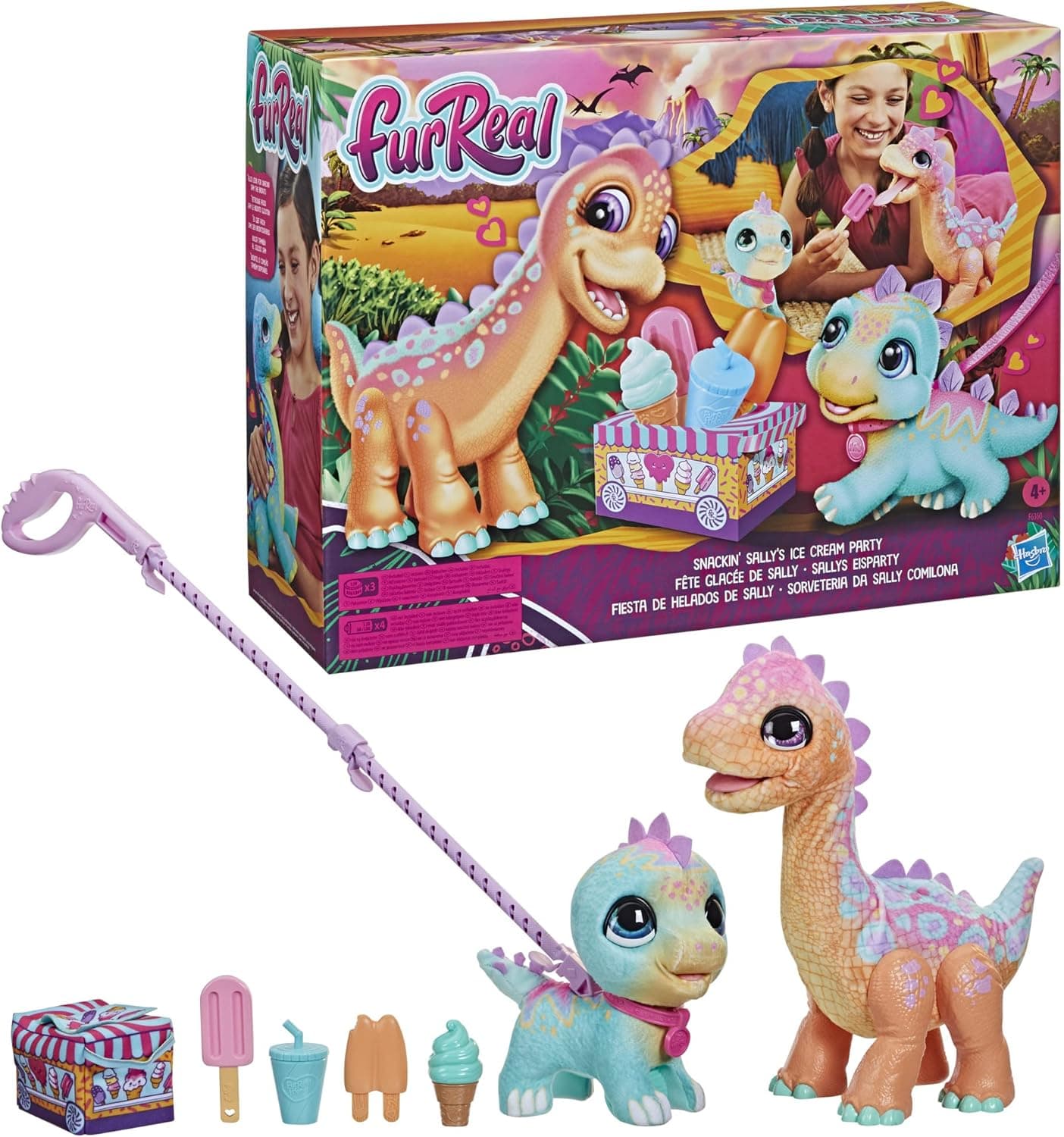 FurReal Snackin’ Sally’s Ice Cream Party Electronic Pet with 40+ Sounds and Reactions, Plus Walkalots Dinosaur; 5 Accessories; Ages 4 and Up (Amazon Exclusive)