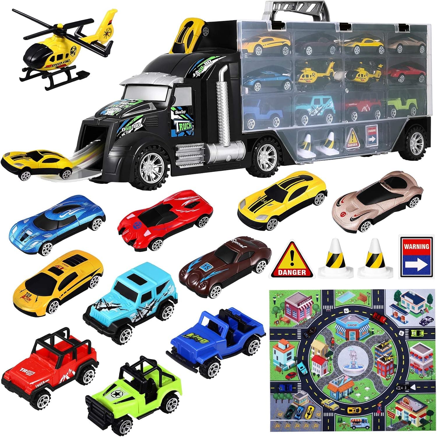 Toy Cars Carrier Truck: 18 Pieces Toddler Toys Car for Boys Transport Vehicles & Race Car Toys with Carrying Case Helicopters Race Car Play Mat Kids Toys Car Trucks Toy Set for Kids Boys Girls