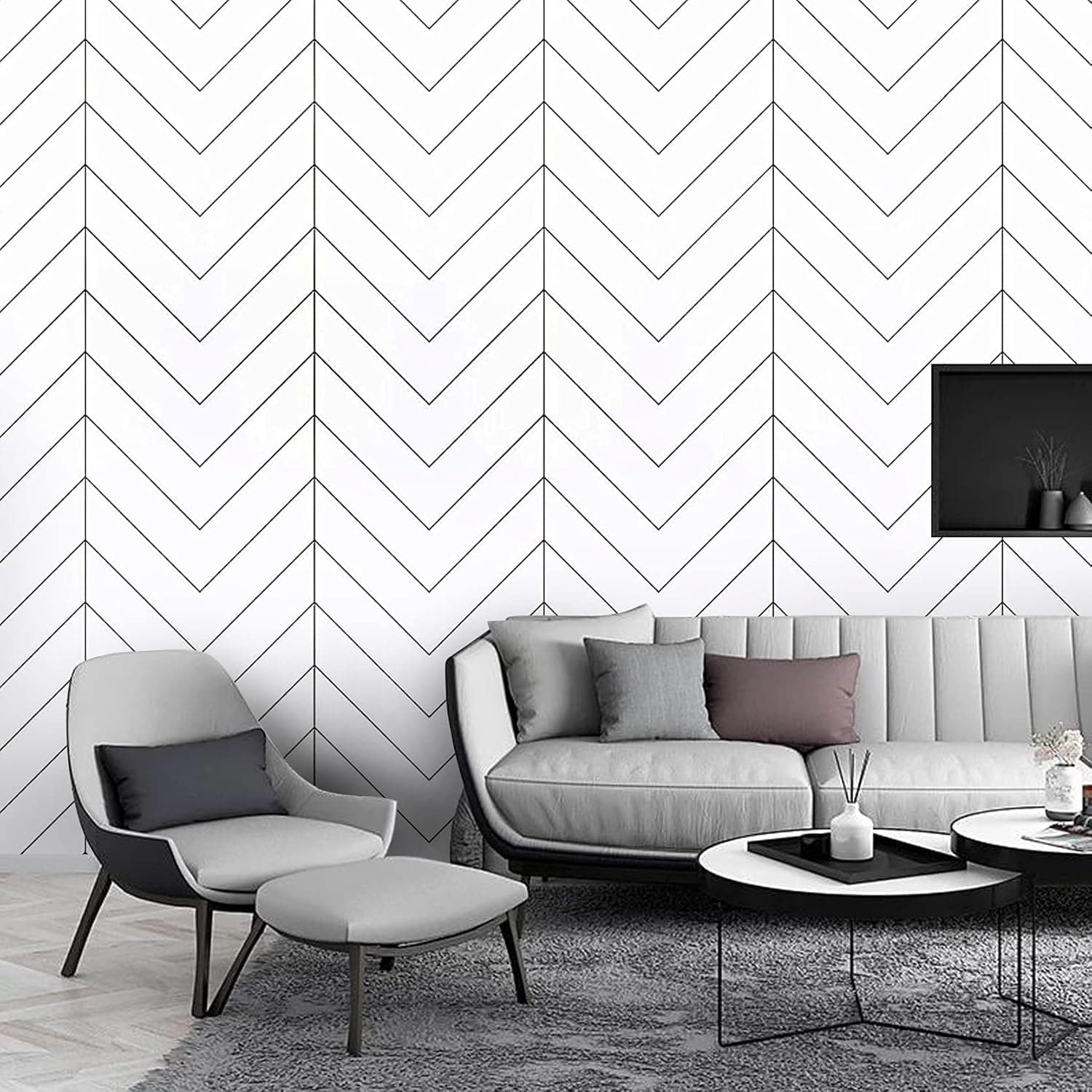 Black and White Modern Herringbone Wallpaper 17.7"X236.2" Peel and Stick Wallpaper Geometric Self Adhesive Removable Contact Paper Vinyl Waterproof Striped Wall Paper for Home Decoration Papel Tapiz