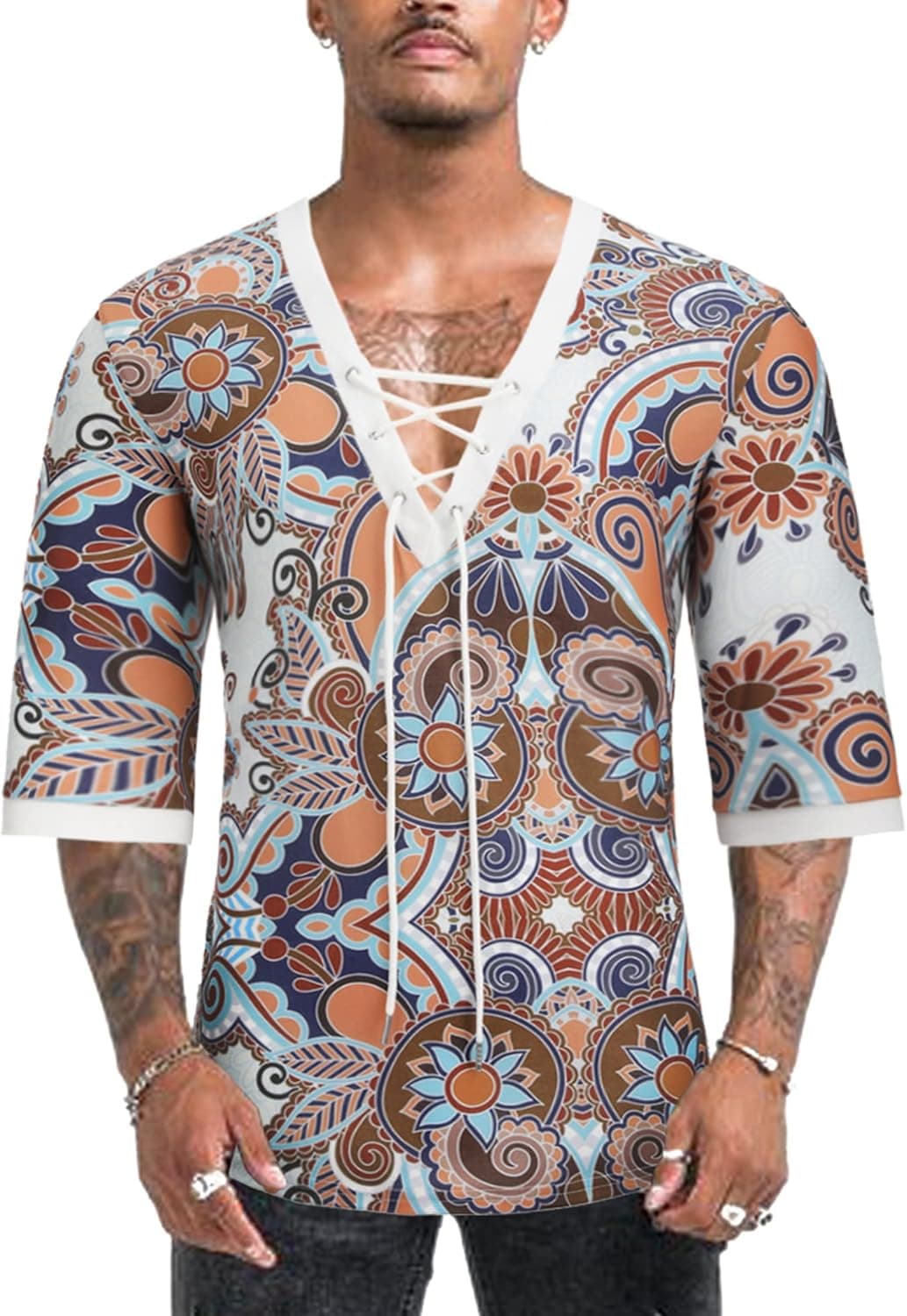 Daupanzees Mens Fashion Shirt African Paisley Beach Cotton Short Sleeve Casual Drawstring Lace-up Top
