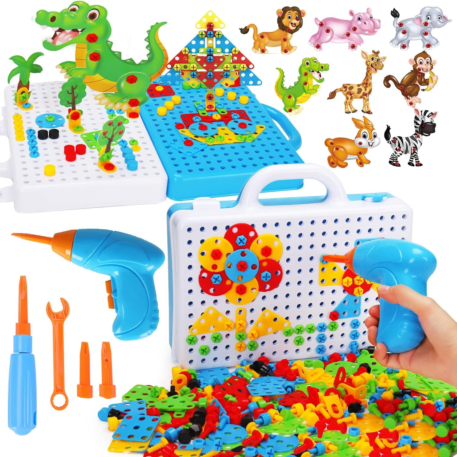 289 Pcs Electric Drill Screw STEM Learning Toy Kids Toddlers DIY Construction 3D Animals Building Blocks Tool Set Educational Preschool Activities Birthday Gift for Age 3 4 5 6 7 8 Year Old Boys Girls