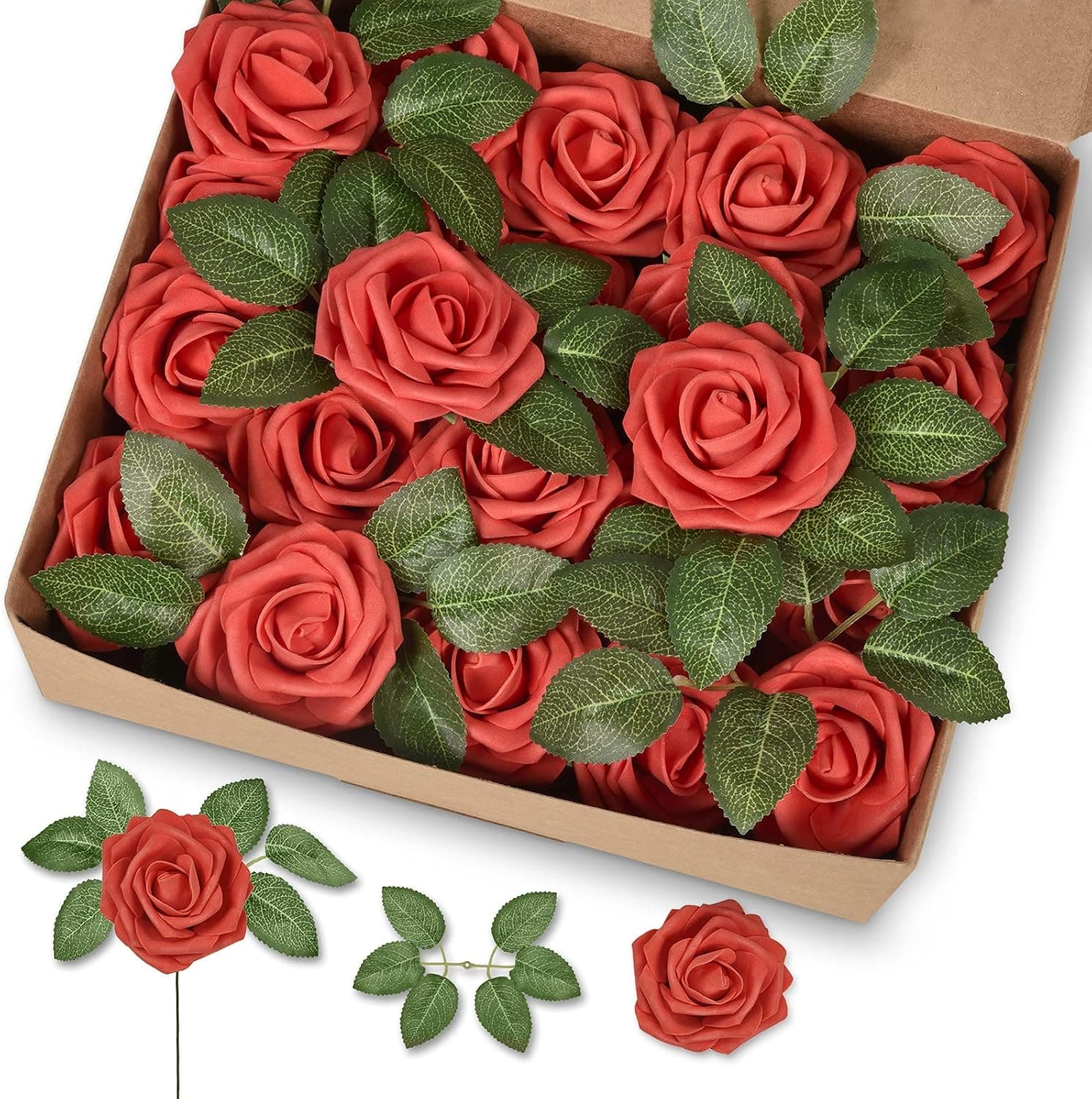 groleca Artificial Flowers Real Touch Foam Dark Red Fake Roses 50Pcs with Stems for DIY Wedding Bouquets Bridal Shower Centerpieces Floral Arrangements Party Tables Home Decorations (Dark Red)
