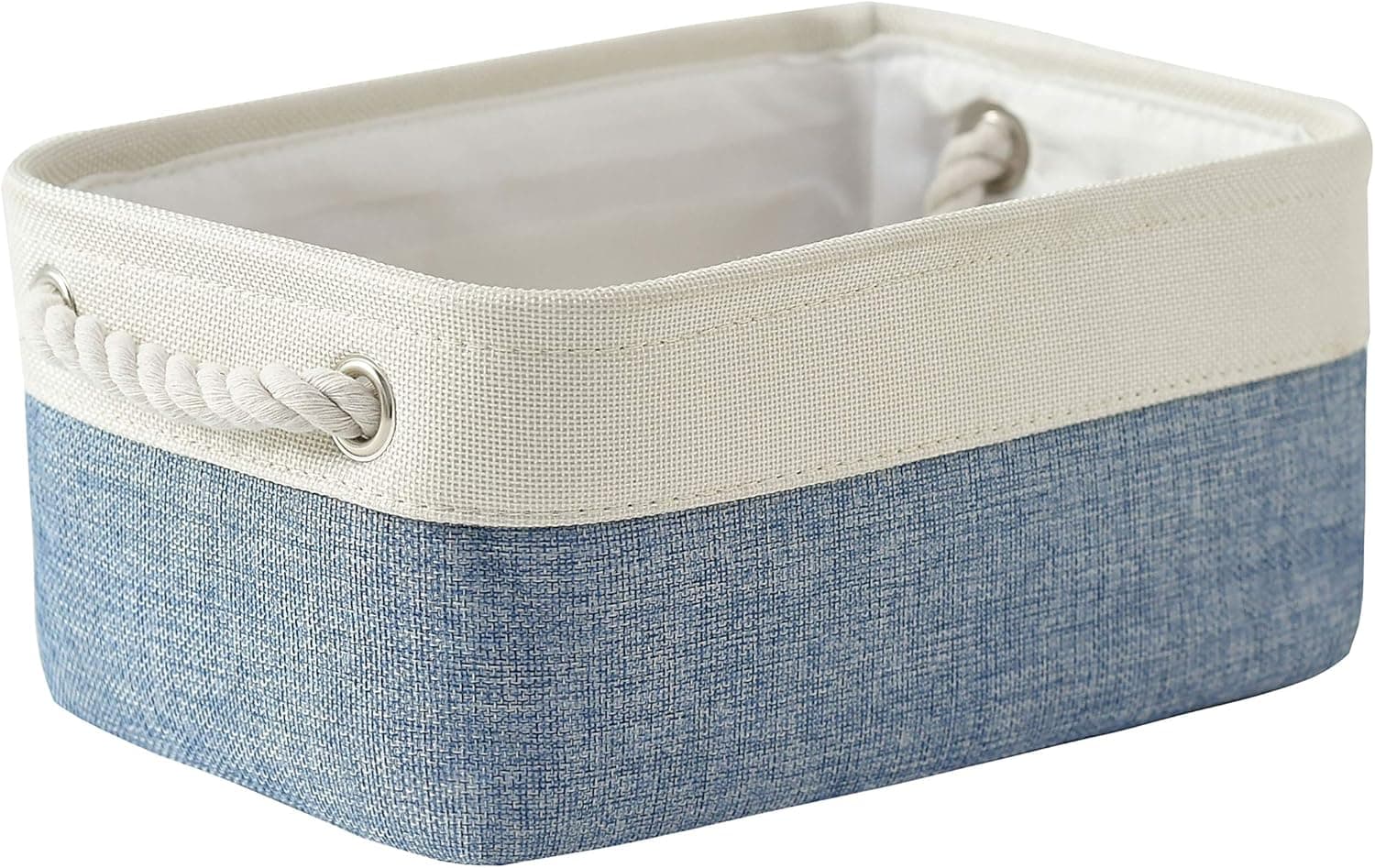 Small Storage Basket Shelf Basket Fabric Collapsible Organizer Bin Basket Storage Empty Gift Basket with Rope Handles Fabric Bin for Linens, Towels, Toys, Clothes (White&Blue,11.8Lx7.9Wx5.2H inch)