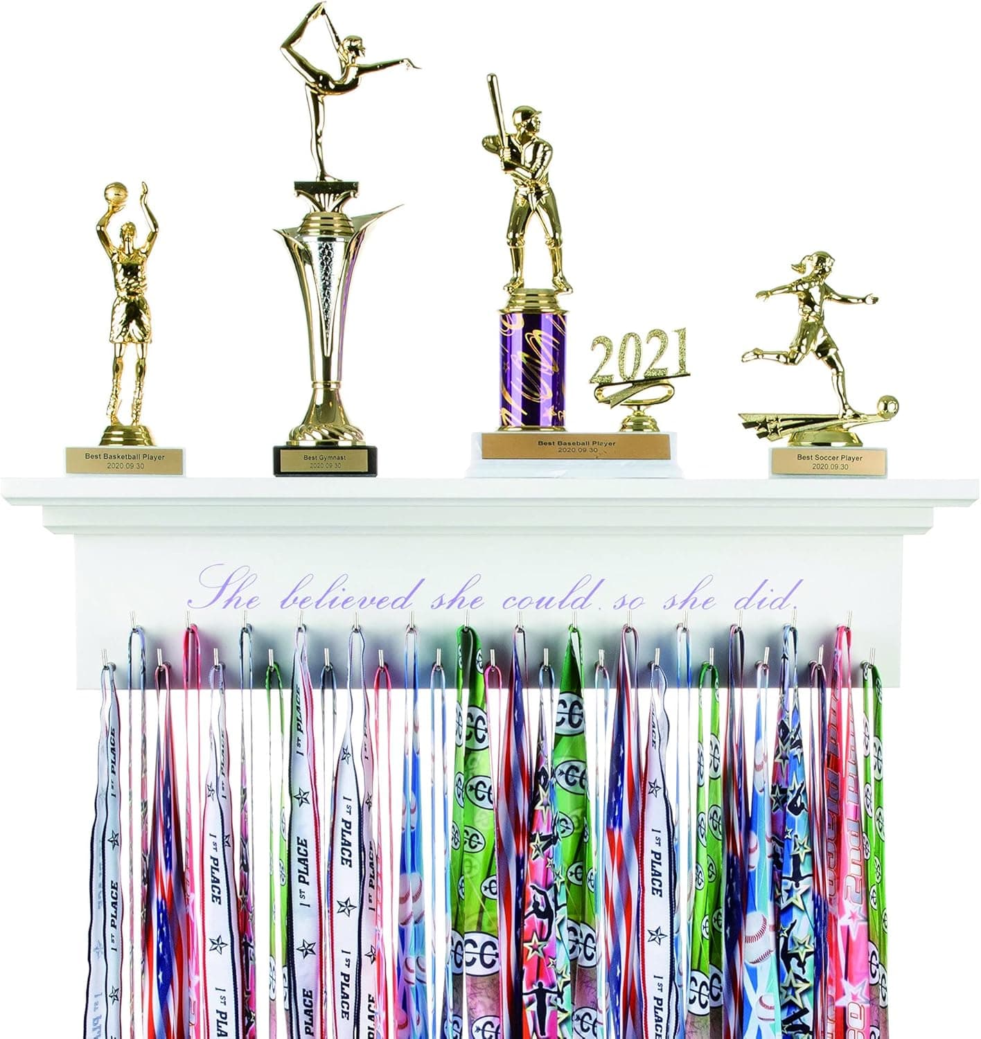 Medal Hanger & Trophy Shelf & Ribbon Holder for Girls - 2FT Simple Design Rack with Strong Hooks - Displaying Awards from Sports with Motivational Phrase