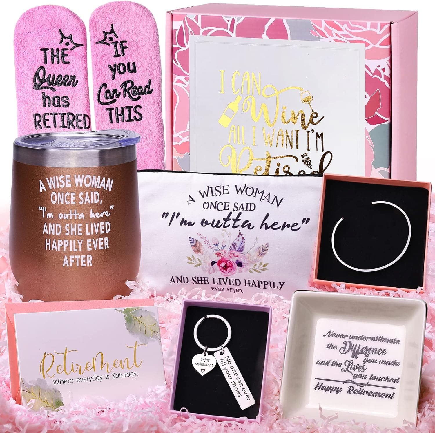 Agifteria 9PCS Retirement Gifts for Women Funny Customized & Unique Female Retirement Gifts Baskets for Boss, Coworker, Mom, Grandma - Humorous Retired Wine Tumbler, Socks, Jewelry dish