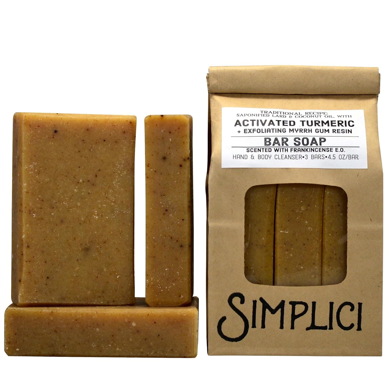 SIMPLICI Activated Turmeric & Exfoliating Myrrh Bar Soap Scented with Frankincense Pure Essential Oil. 3 Bar Bag. Large 5 Ounce Bars. PALM OIL FREE. Eco Friendly Packaging.