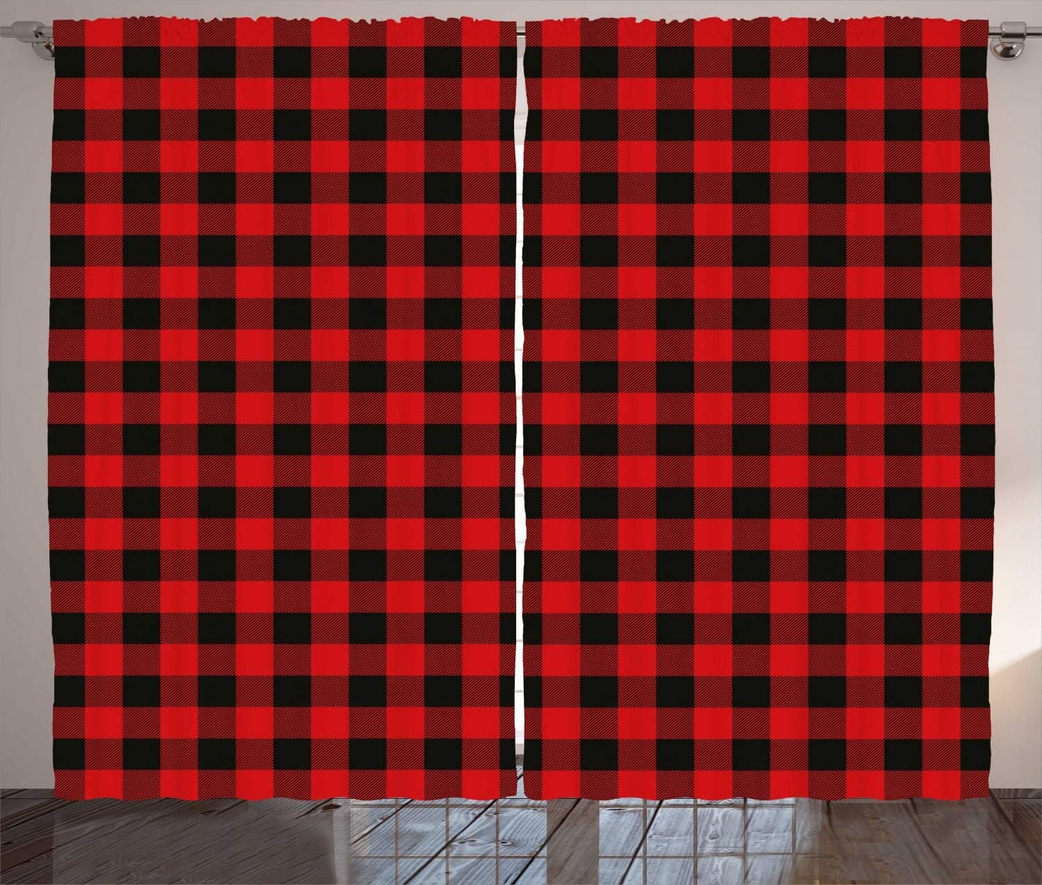 Ambesonne Plaid Curtains, Lumberjack Fashion Buffalo Checks Pattern Retro Style Grid Composition, Living Room Bedroom Window Drapes 2 Panel Set, 108" X 63", Orange Black