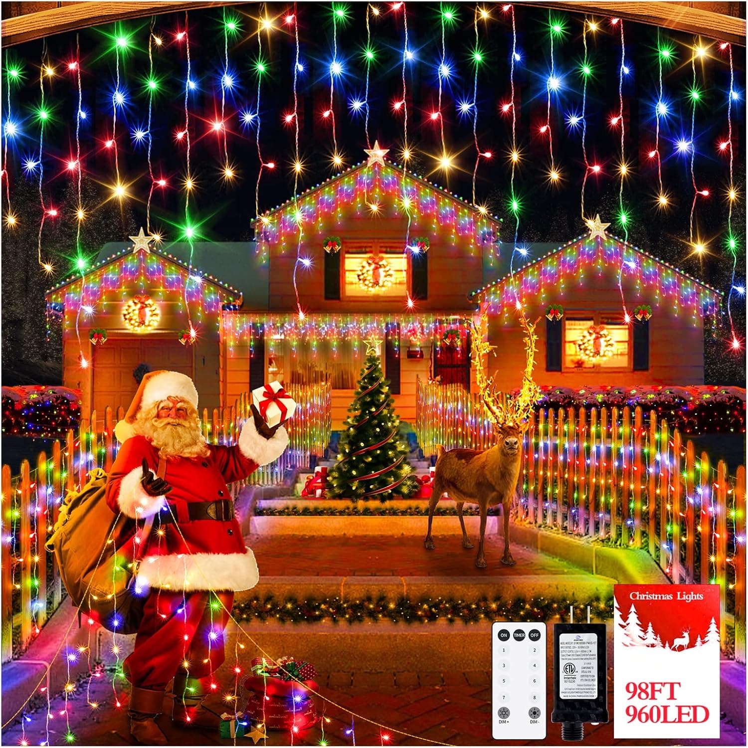 960 LED 98FT Christmas Lights Plug in 8 Modes with Timer Dimmable Christmas Decorations Outdoor Waterproof Indoor Curtain String Lights for Roof Porch Garden Holiday Wedding Party Decor Multi Colored