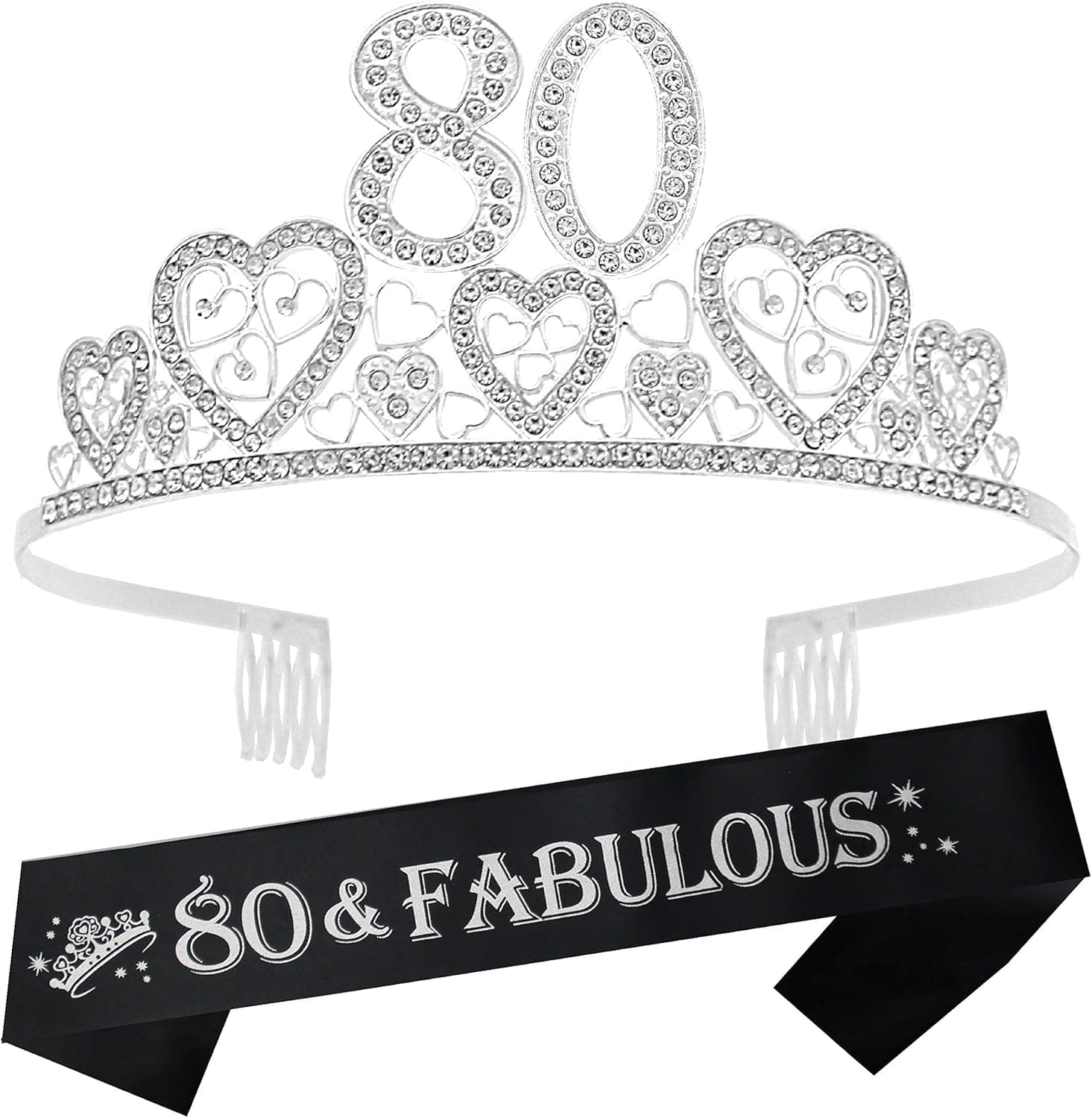 VeryMerryMakering 80th Birthday Sash and Tiara for Women - Fabulous Glitter Sash + Hearts Rhinestone Silver Premium Metal Tiara for Her, 80th Birthday Gifts for 80 Celebration