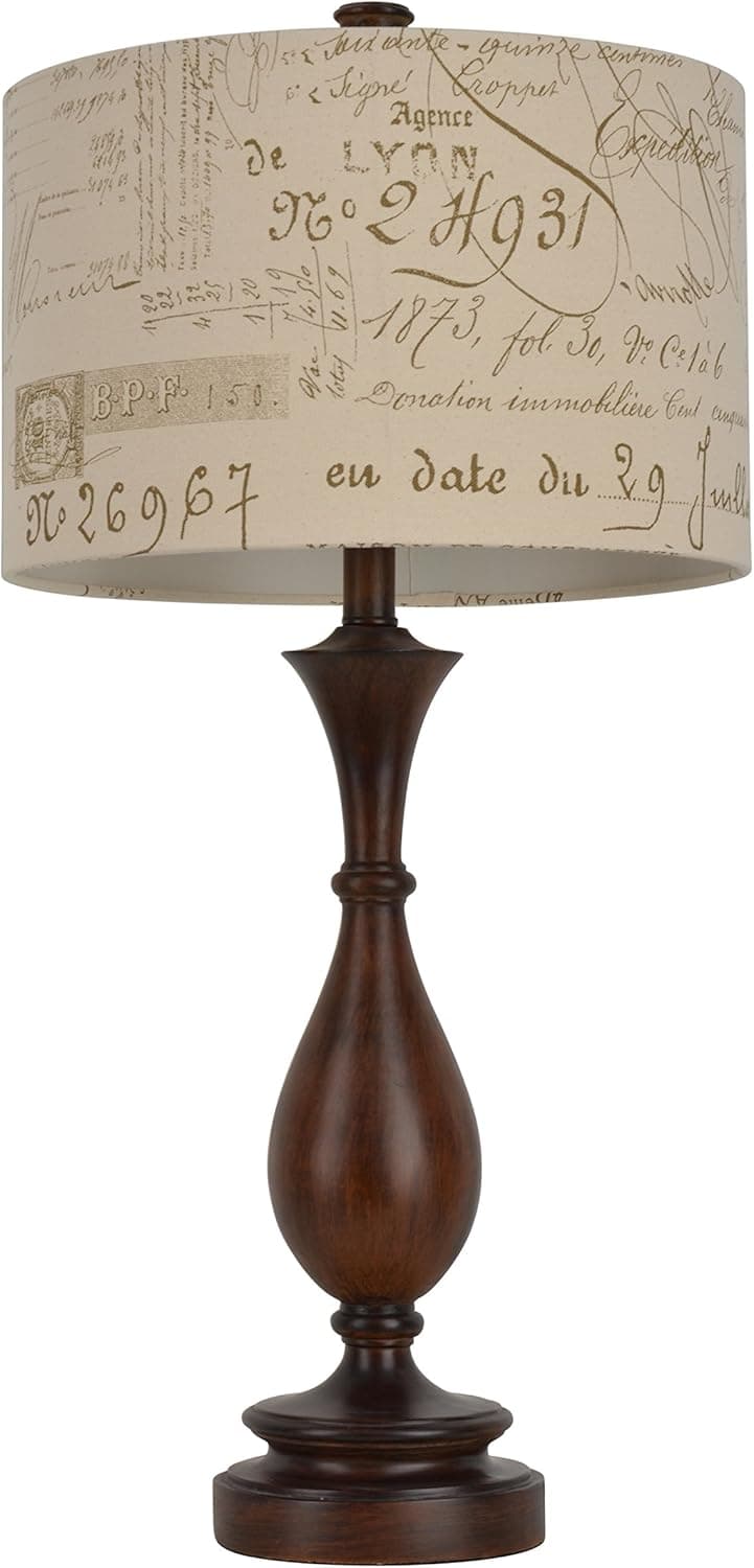 Decor Therapy Traditional Resin Table Lamp with Script Shade, Wood Tone