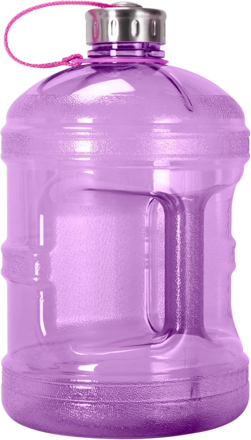 Geo Sports Bottles 1 Gallon BPA Free Reusable Leakproof Sports Water Bottle Jug with Handle Includes 48mm Stainless Steel Lid (Purple)
