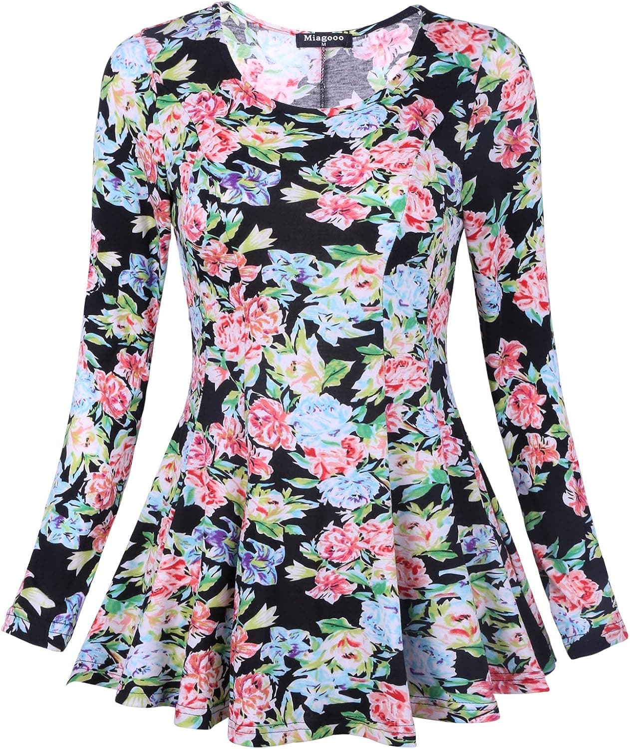 Miagooo Women Elegant Floral Print Long Sleeve Scoop Neck Flare Trapeze Tunic Peplum Tops
