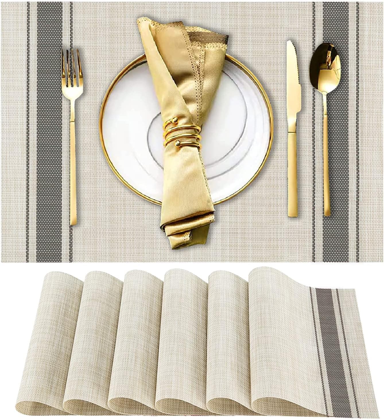 DACHUI Placemats Set of 6, Soft & Elegant Woven Vinyl Place Mats, Water Resistant, Heat Resistant, Washable, Durable Table Mats (White Stripes)