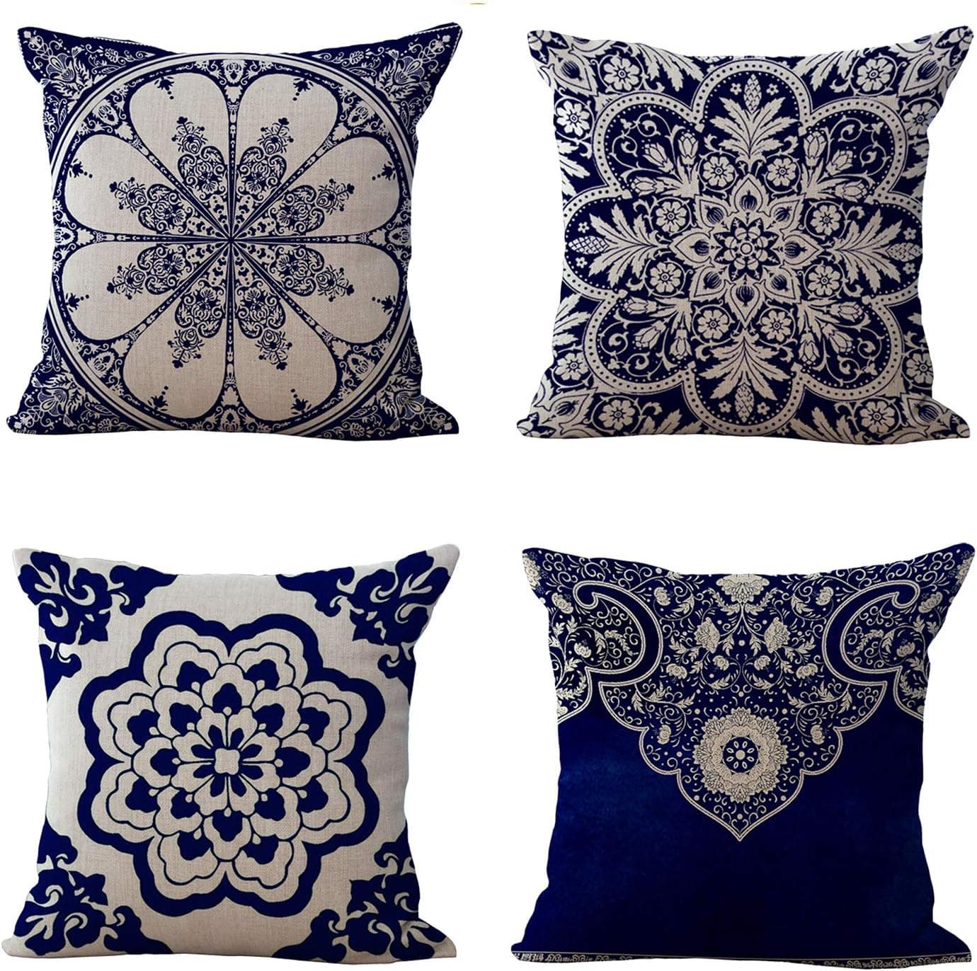 Doublucky Navy Blue Throw Pillow Covers Mandala Pattern Indian Bohemian Art Hippie Abstract Floral Pattern Home Decor Cushion Covers Pillowcase Linen Decorative Square 18x18 Set of 4