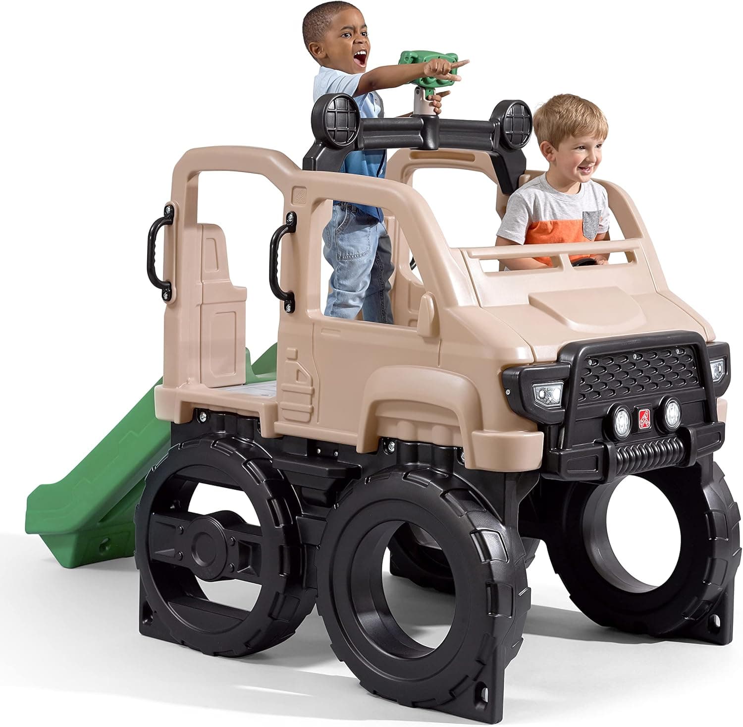 Step2 Safari Truck Climber Kids and Toddler Playset – Large Outdoor Play Gym with Realistic Design, Elevated Platform, Kids Slide, Steering Wheel, and Binoculars – Safari-Themed