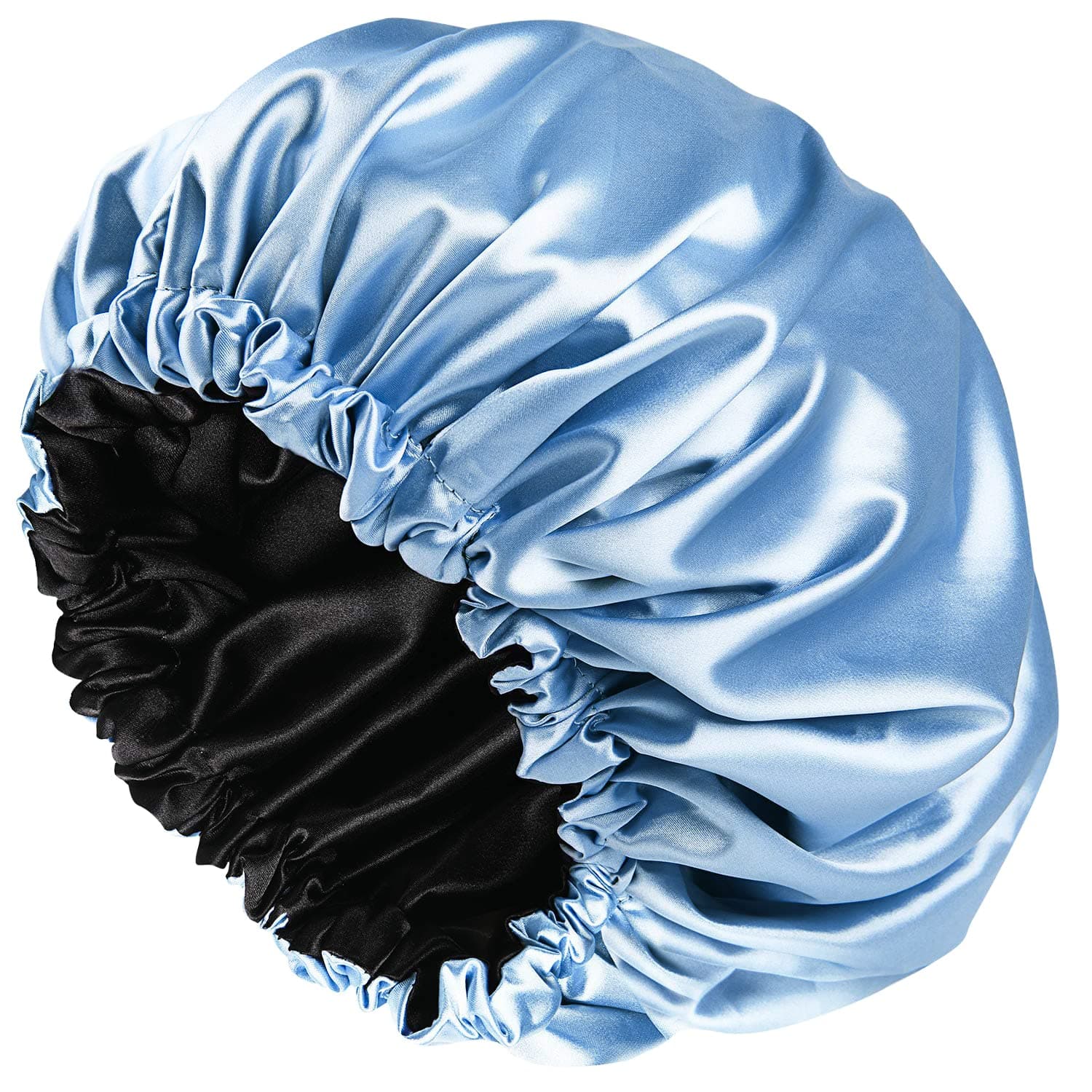 Amamba Large Lined Shower Cap,Double Layer Satin Fabric,Adjustable Size, Washable & Breathable,Waterproof，Reusable,Hair Shower Cap for Women-Blue