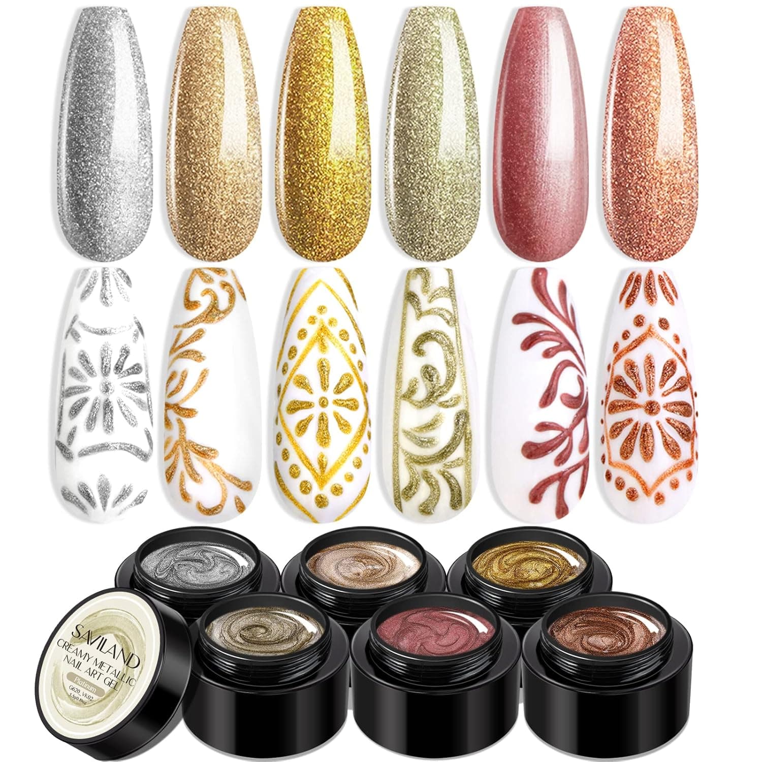 SAVILAND Gel Paint Set - 6 Colors Metallic Gel Nail Polish Soak Off Emboss U V LED Glitter Gel Nail Art Manicure Kit for Beginners Professionals Home DIY Nail Salon
