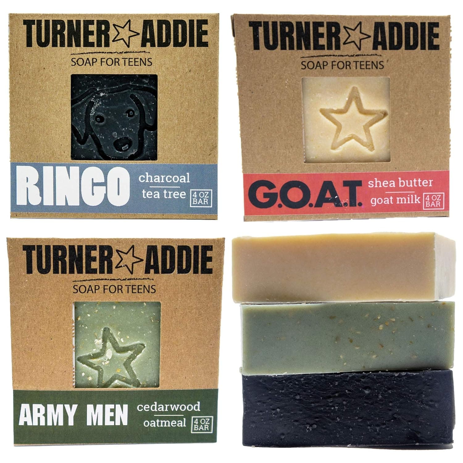 Turner and Addie Teen Soap Gift Bundle (Ringo, GOAT, Army Men) - All Natural Soap for Teens, Tweens, and Kids | Perfect Easter Basket Stuffer for Teen Boys