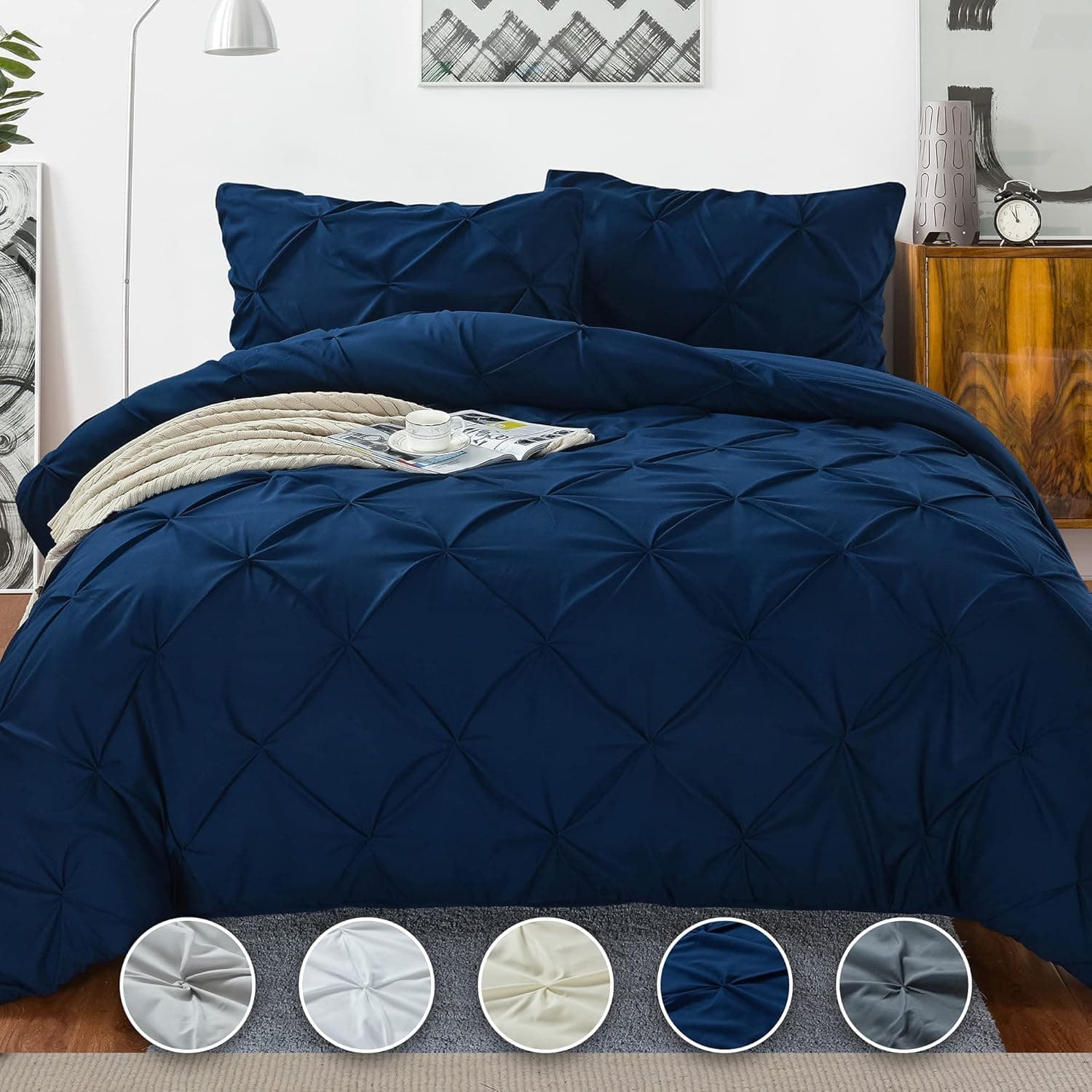 Tyfitb Pinch Pleat Duvet Cover Twin Size Blue Oversized Duvet Cover Set 2 Piece Floral Pintuck Bedding Set with Zipper Closure