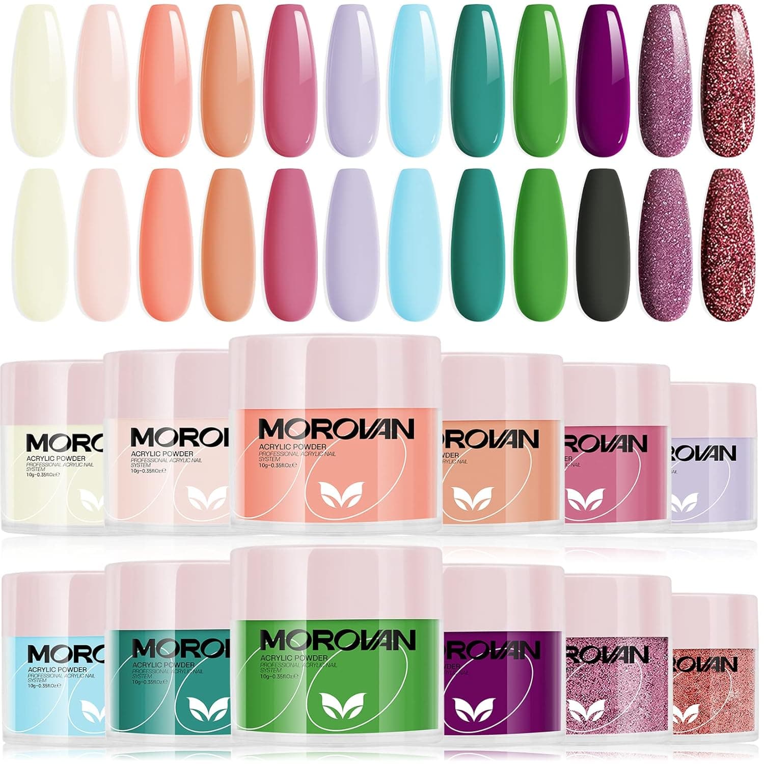 Morovan Color Acrylic Powder for Nails - 12 Colors Acrylic Nail Powder Pure Color and Glitter Professional Polymer Colored Acrylic Nail Powder for Acrylic Nails Extension Carving