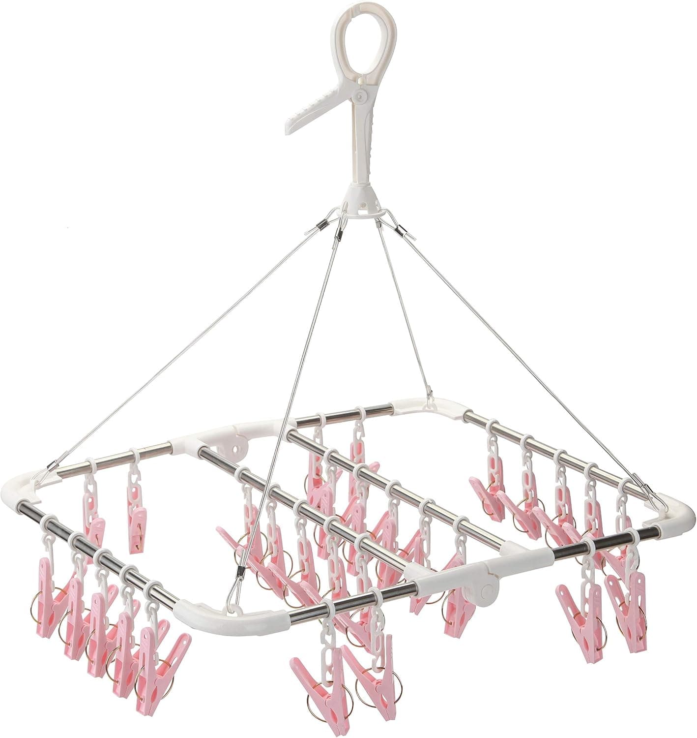 Collapsible Laundry Drying Rack with 28 Clips,Stainless Steel Drip Hanger with Plastic Clothespins for Drying Socks,Bras,Underware BabyClothes and so on Clother Hanger(Pink)