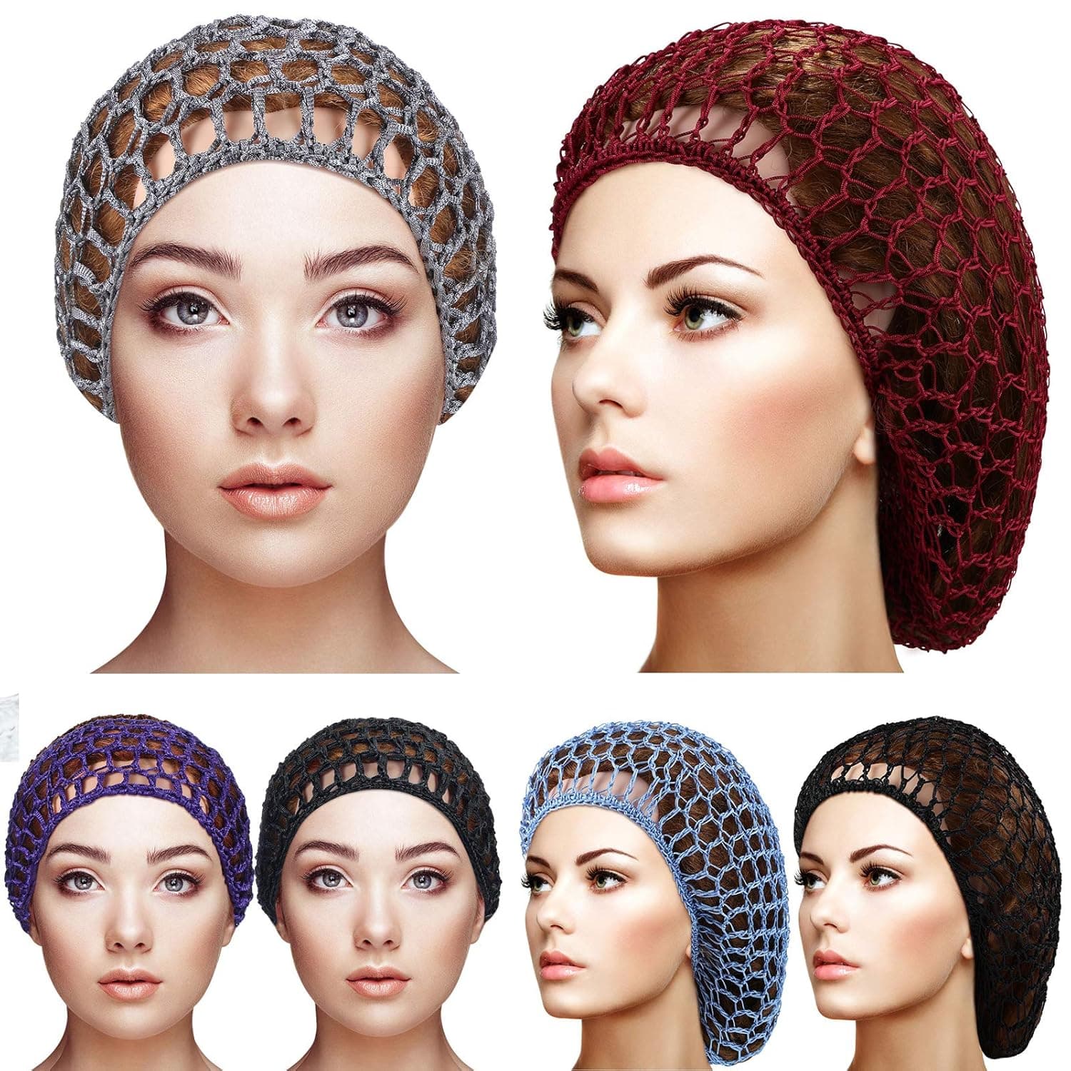 6 Pieces Mesh Crochet Hair Net Crocheted Hair Net Cap Snood Women Hairnet Snoods Cover Ornament, Short Net Cap Hairband and Long Hair Crochet Hair Snood (Black, Gray, Purple, Blue, Red, Brown)