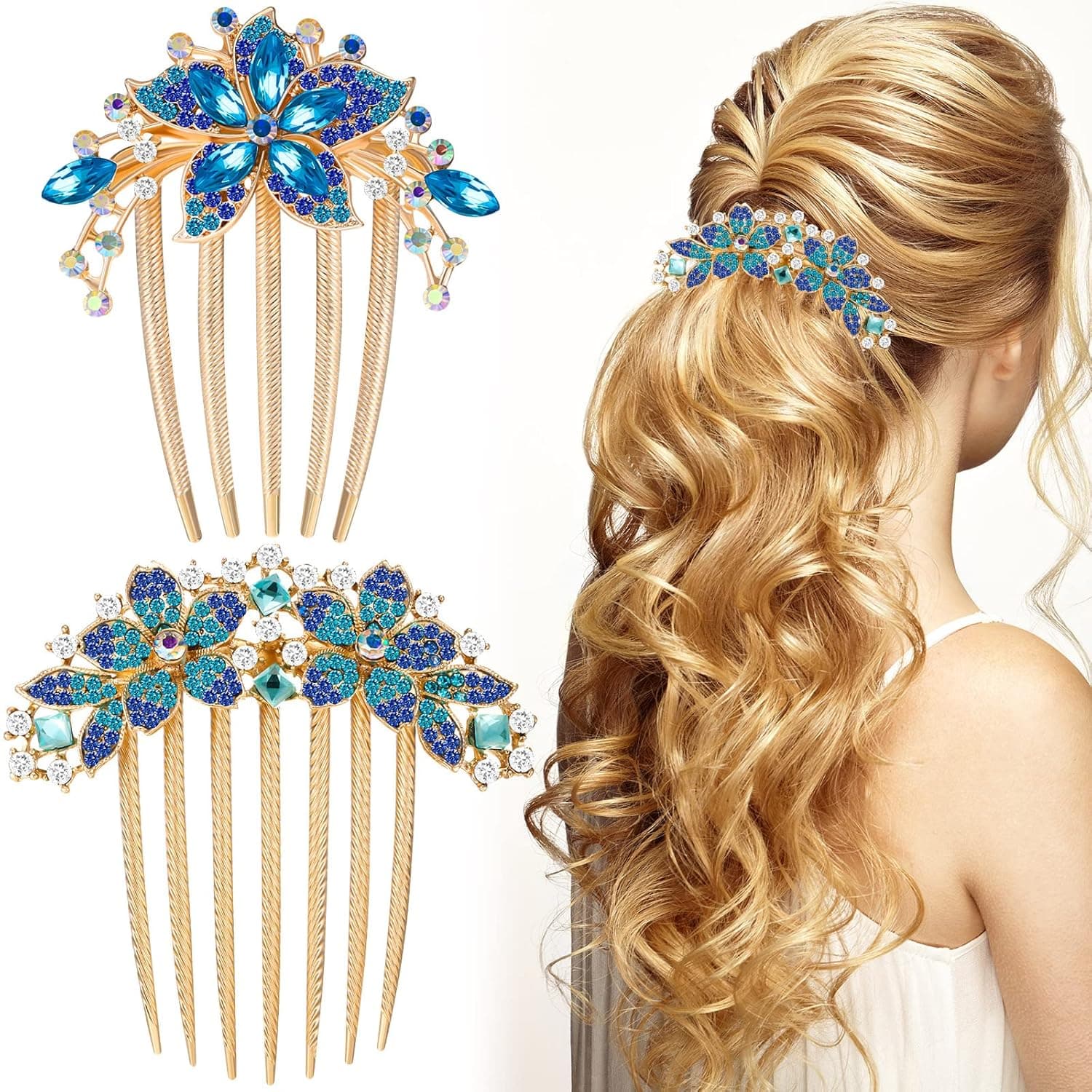 Rhinestone Flower Hair Comb for Women Girls Rhinestone Inlaid Floral Hair Comb Bridal Wedding Hair Side Combs Accessories