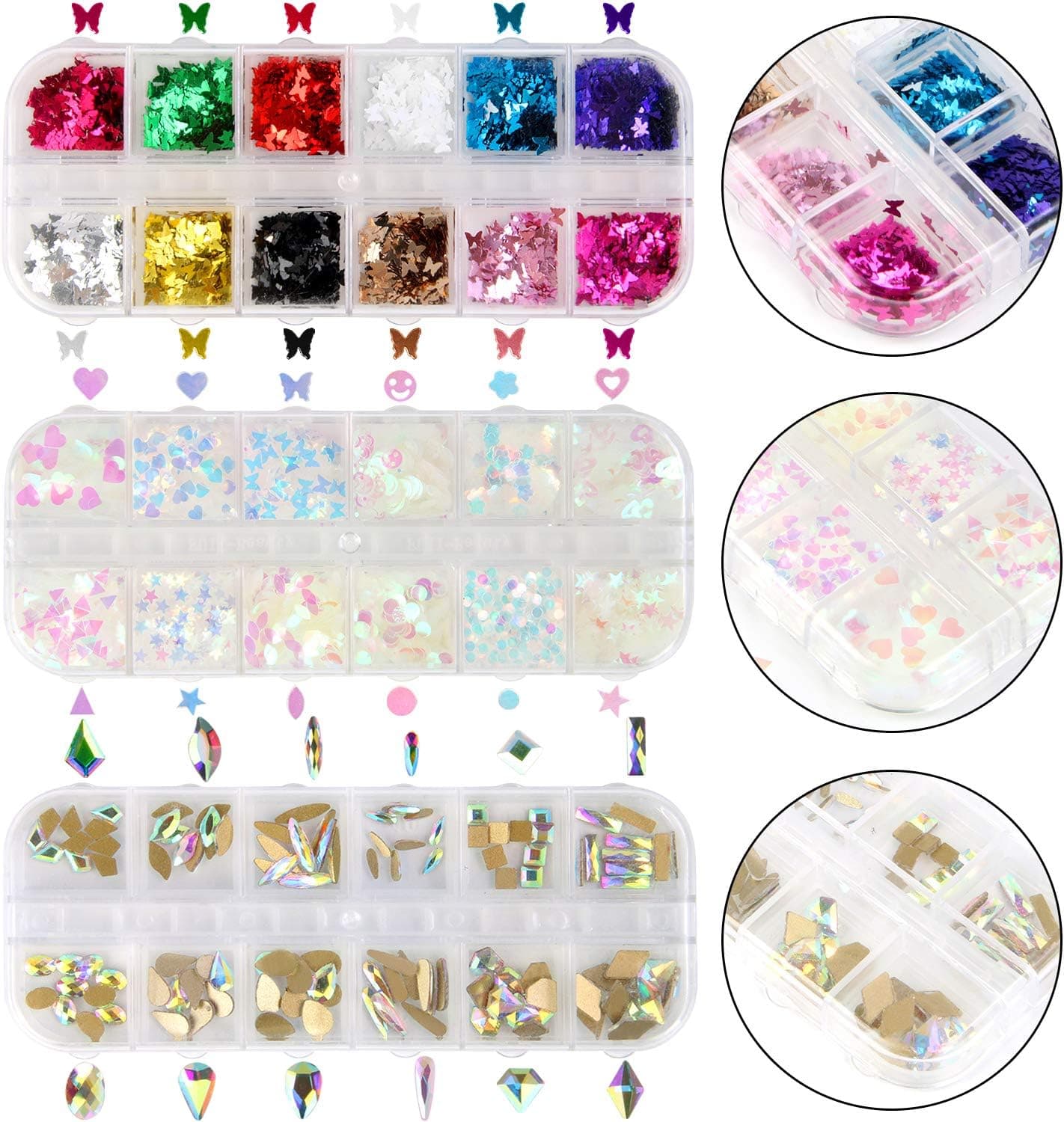 3D Holographic Butterfly Nail Glitter Splarkly Nail Sequins and Rhinestones Set 12 Shaped Holographic Iridescent Flakes 12 Color Ultrathin Face Body Glitters 120 Pcs Multi Shapes 3D Crystal