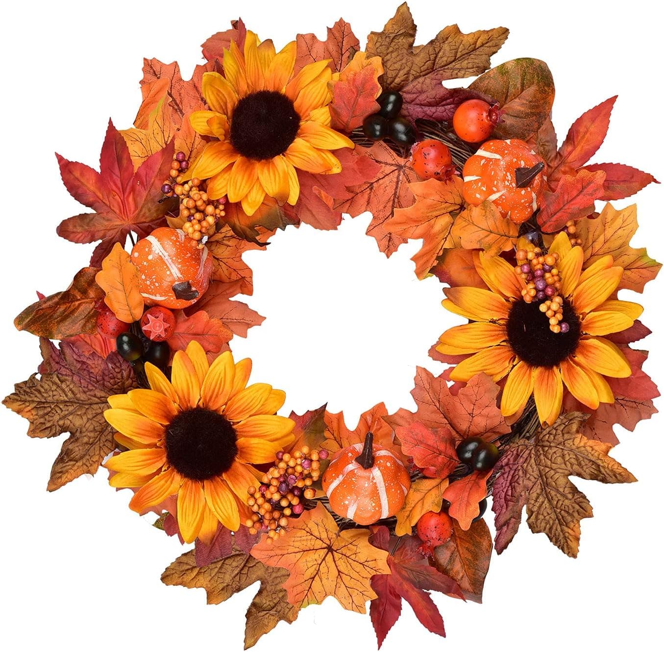 GRBAMBI Fall Wreath Front Door Wreath 16" with Sunflower, Pumpkin,Black Berries, Fall Leaves, Harvest Wreath for Autumn and Thanksgiving Decoration