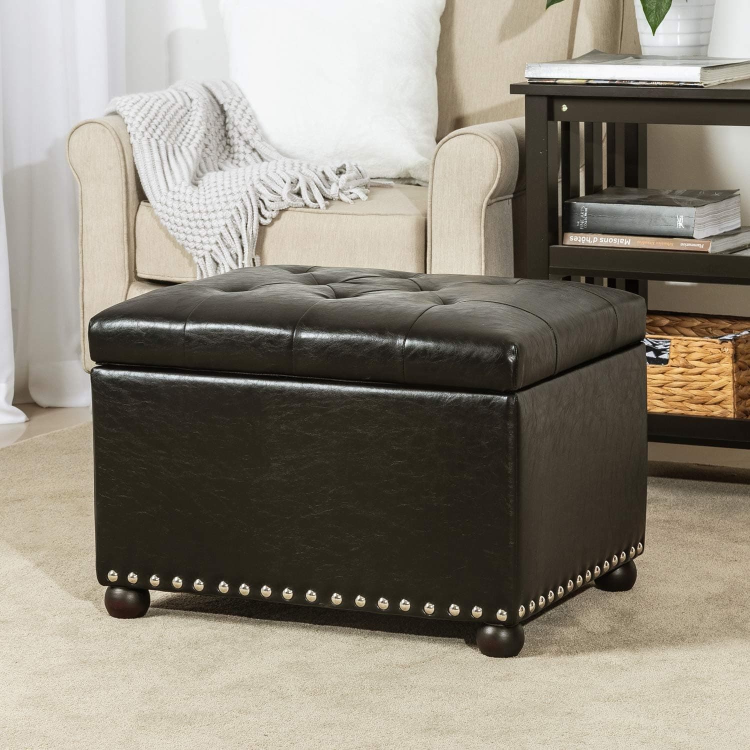 Adeco Bonded Leather Square Tufted Footstool Storage Bench Ottoman, Black Pu-1