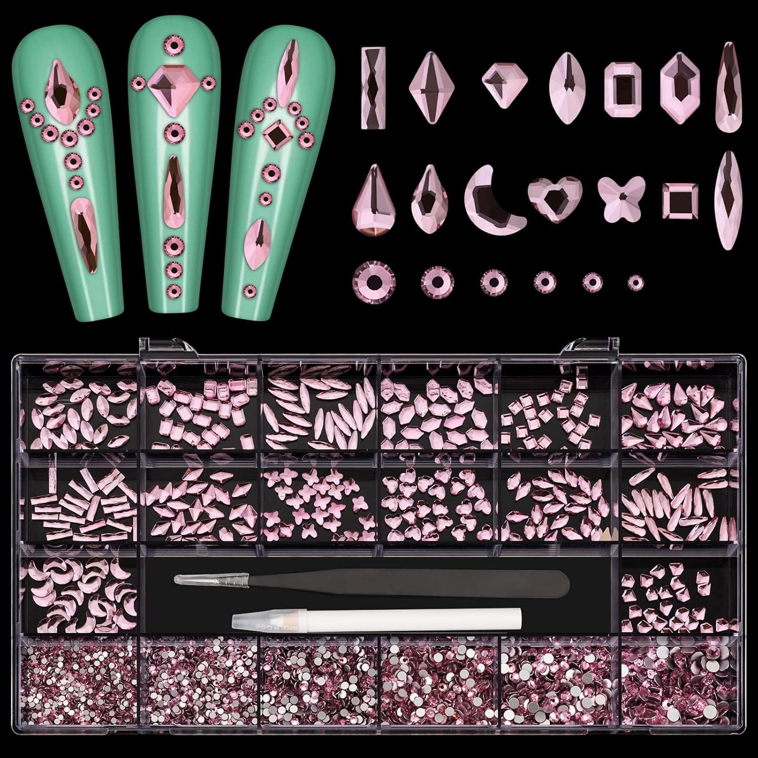 Noverlife 3830PCS Nail Art Pink Rhinestones, Multi Shapes Rhinestones Nail Rhinestones Set, 3D Nail Art Gemstones Kit Flatback Round Beads Rhinestone Crystals for Nail DIY Crafts Clothes Shoes Jewelry