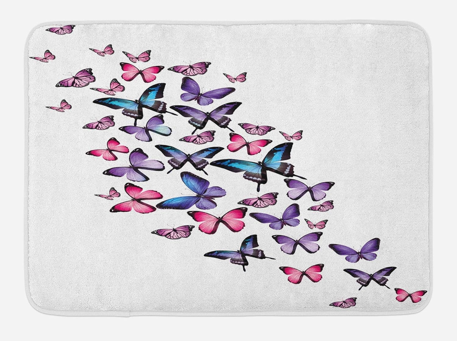 Ambesonne Navy and Blush Bath Mat, Various Butterflies Flying Together Spring Summer Nature Inspired, Plush Bathroom Decor Mat with Non Slip Backing, 29.5" X 17.5", Purple White