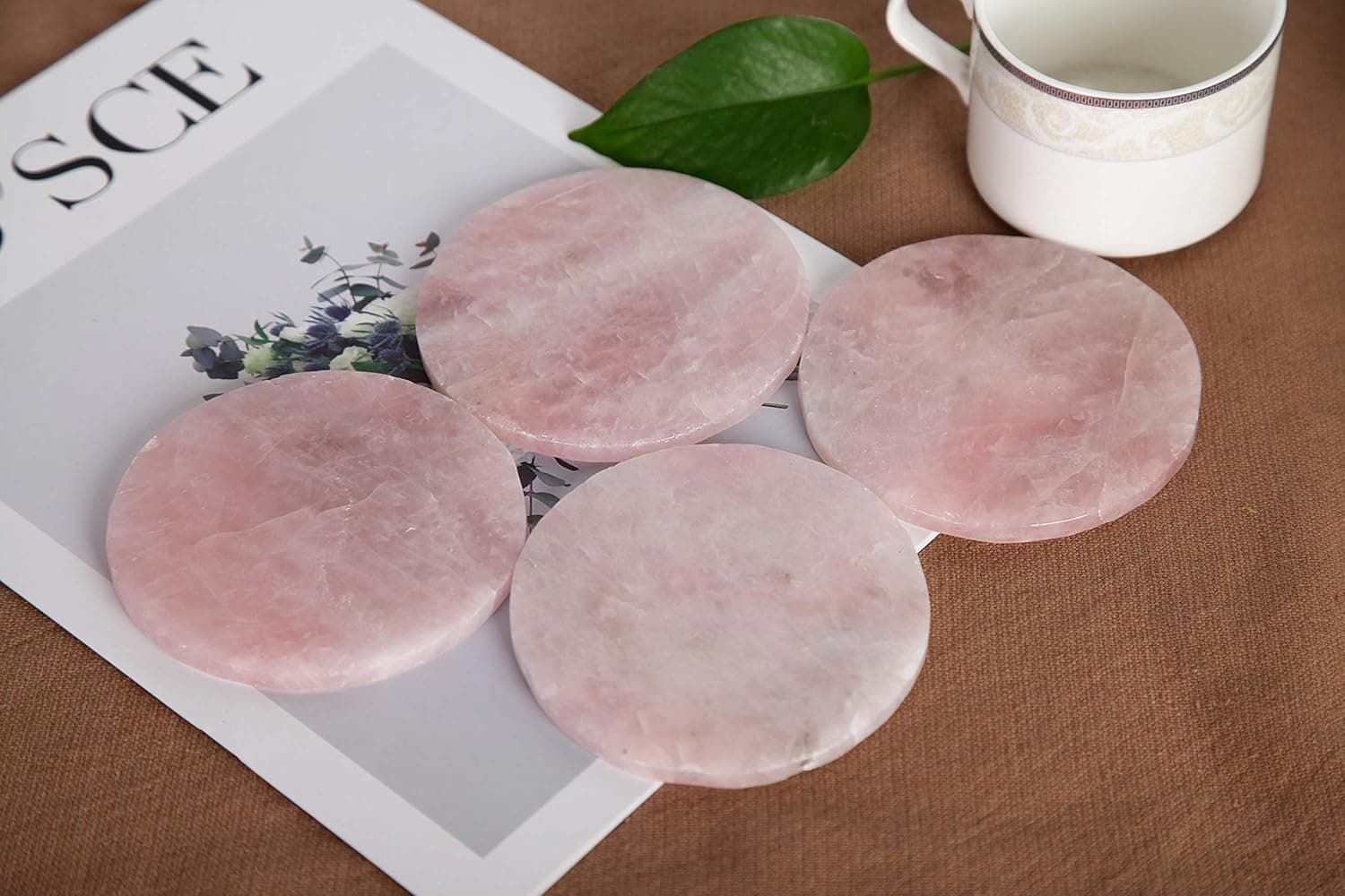 JIC Gem Natural Sliced Rose Quartz Crystal Coasters Cup Mat Set of 4 About 8-10 cm Gemstone Geode Decor Slices Beverage Coasters with Rubber Bumper Gifts