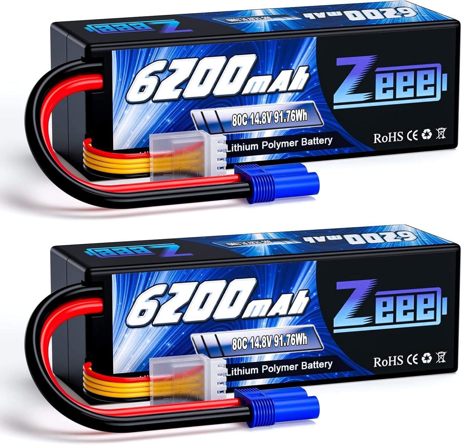 Zeee 4S Lipo Battery 6200mAh 14.8V 80C Hard Case Battery with EC5 Connector for Car Truck Tank RC Buggy Truggy Racing Hobby(2 Packs)