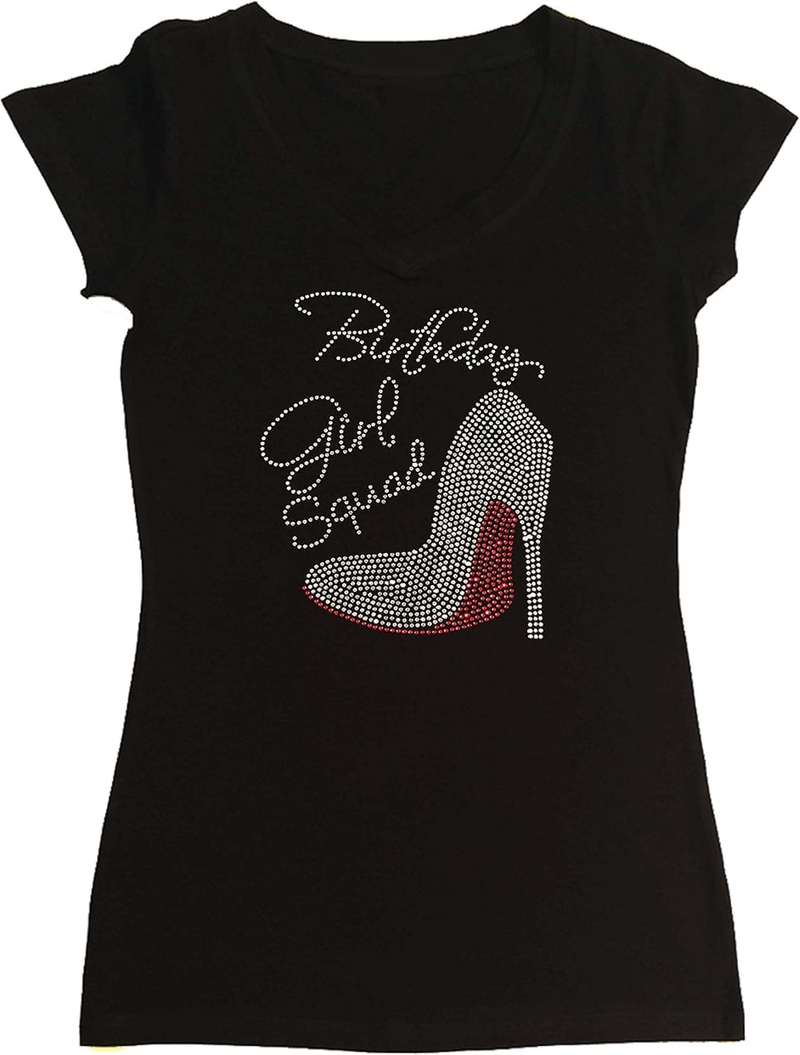Women's Rhinestone Fitted Tight Snug Shirt Red Birthday Girl Squad with Heel