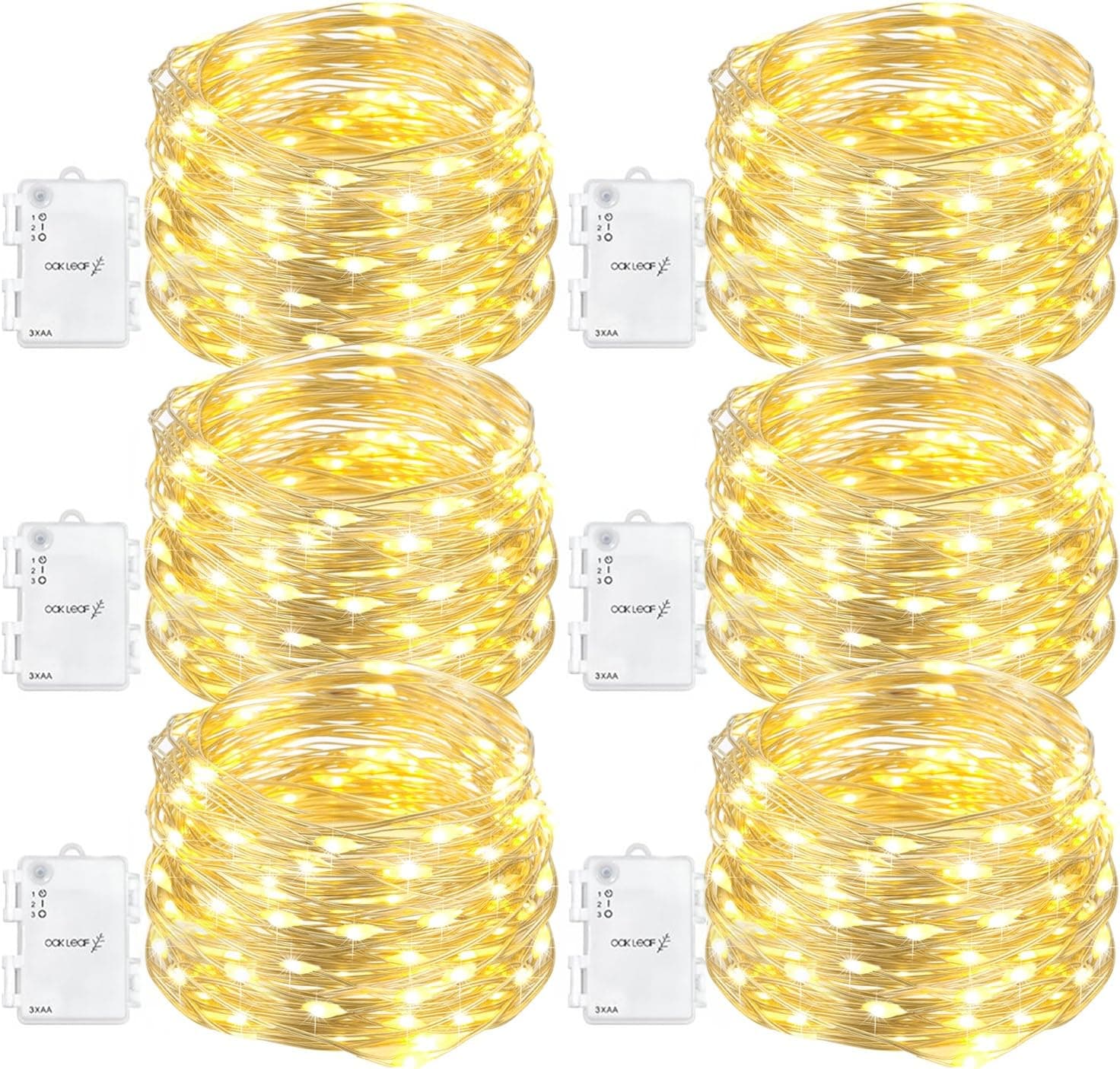 Oak Leaf 60-LED Fairy Lights,6-Pack Battery Operated String Lights,Warm White,9.8ft