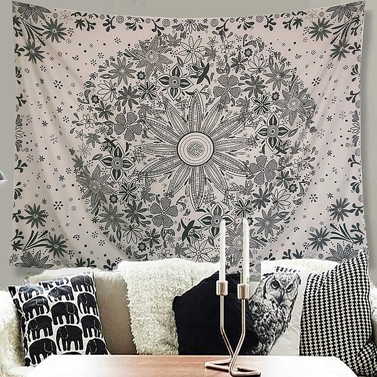 Athorbot Bohemian Tapestry Wall Hanging, Hippie Mandala Tapestry White Floral Wall Art Collage Dorm Home Decor Beach(80 x 60 inch)
