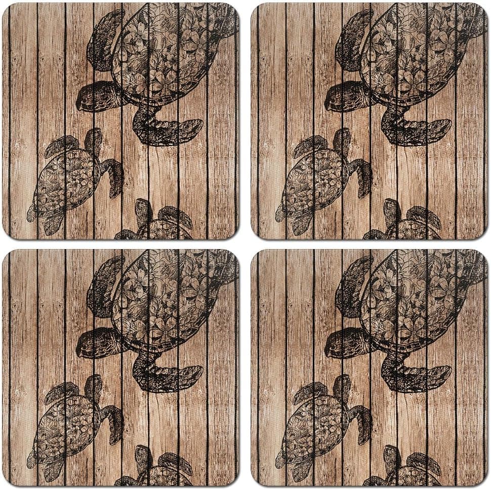 CARIBOU Coasters CB-SQNC-SBCST0002-4-A2104, Turtle Wooden Design Absorbent Square Fabric Felt Neoprene Coasters for Drinks, 4pcs Set